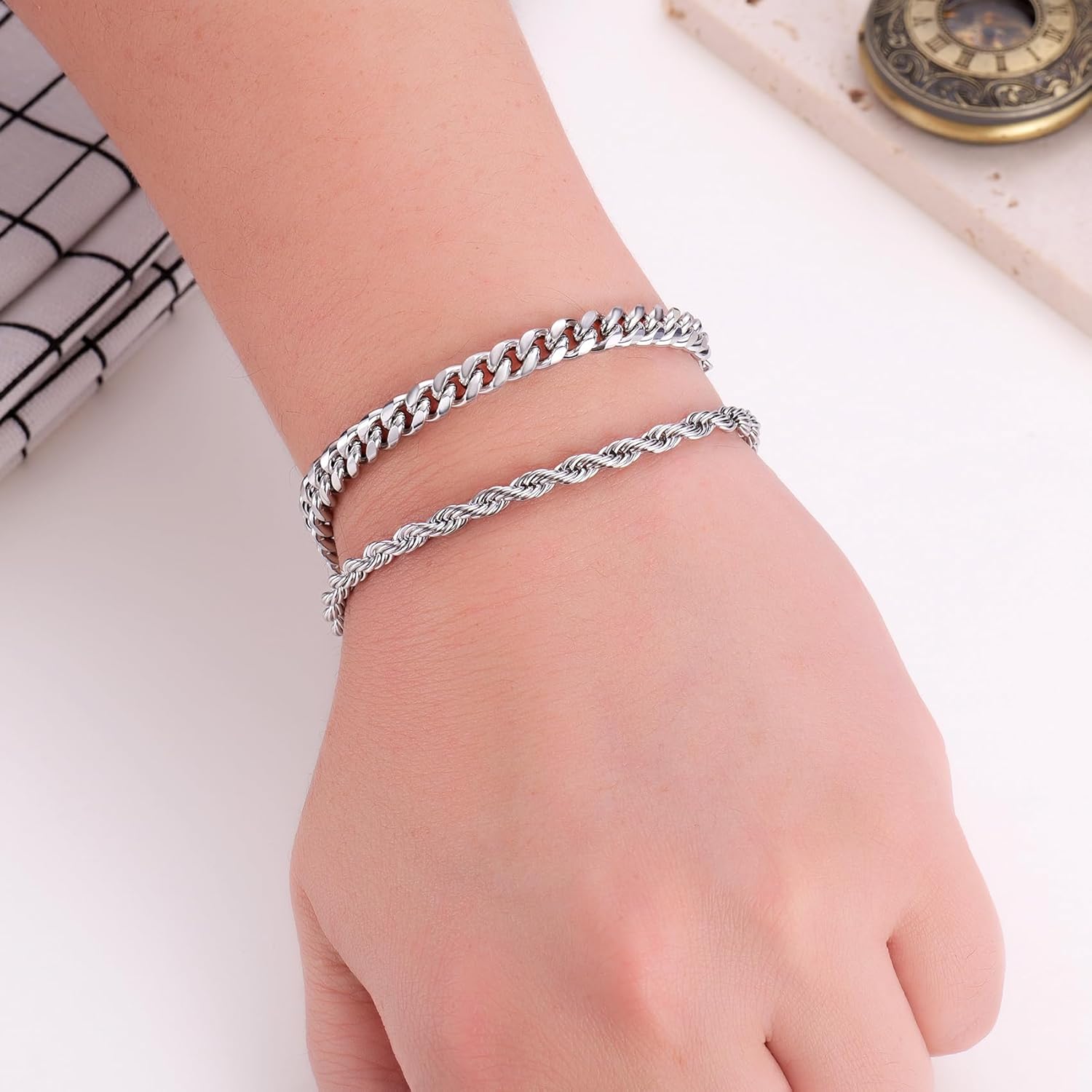 Kvekstio 2 Pieces Mens Sterling Silver Figaro Cuban Chain Bracelet Gift for Husband Boyfriend, Adjustable Cuban Link Bracelet