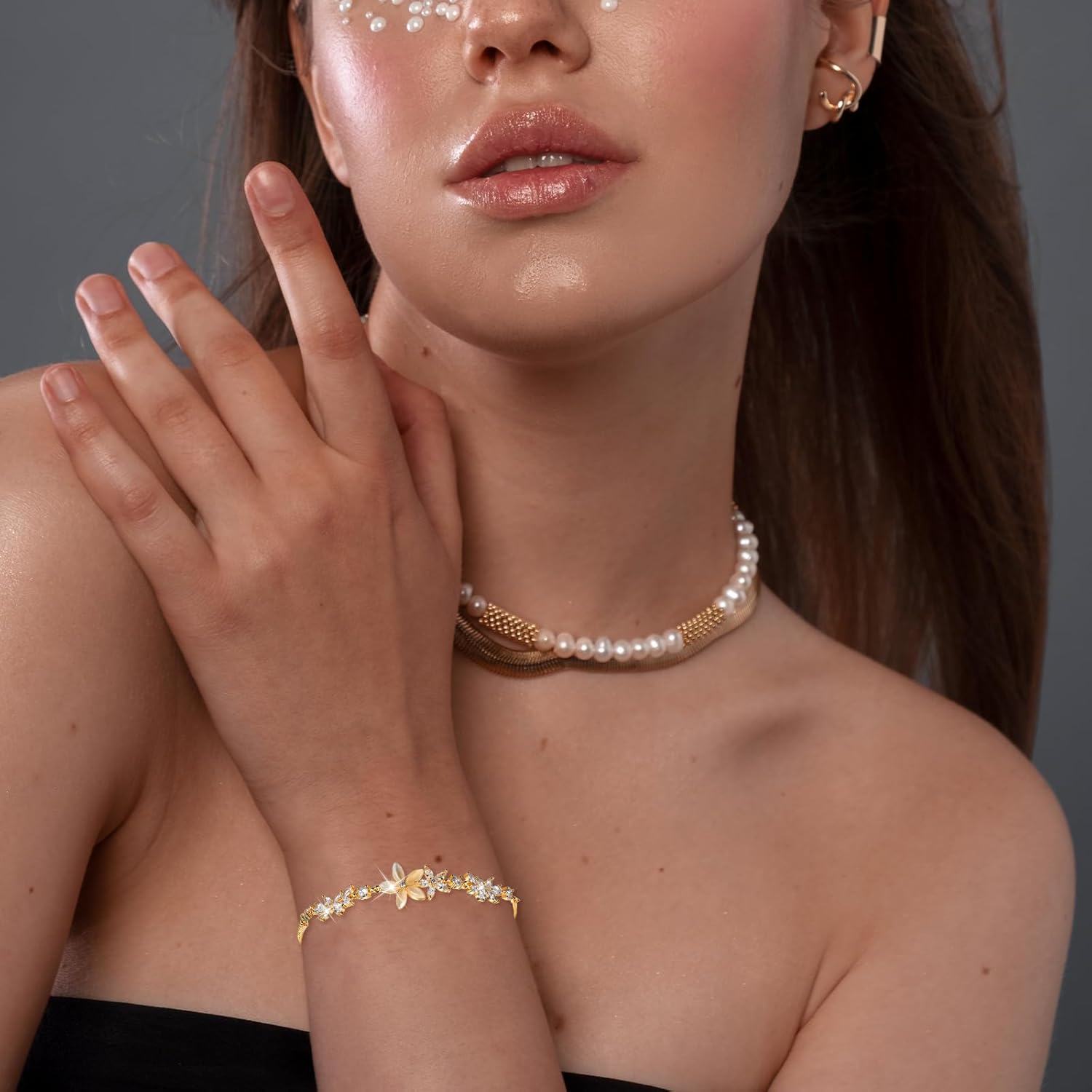 Gold Adjustable Bracelets for Women,Dainty Flower Bracelet Rhinestone Slider Floral Bracelet Floral Jewelry Adjustable Bridesmaid Bracelets Jewelry Gift