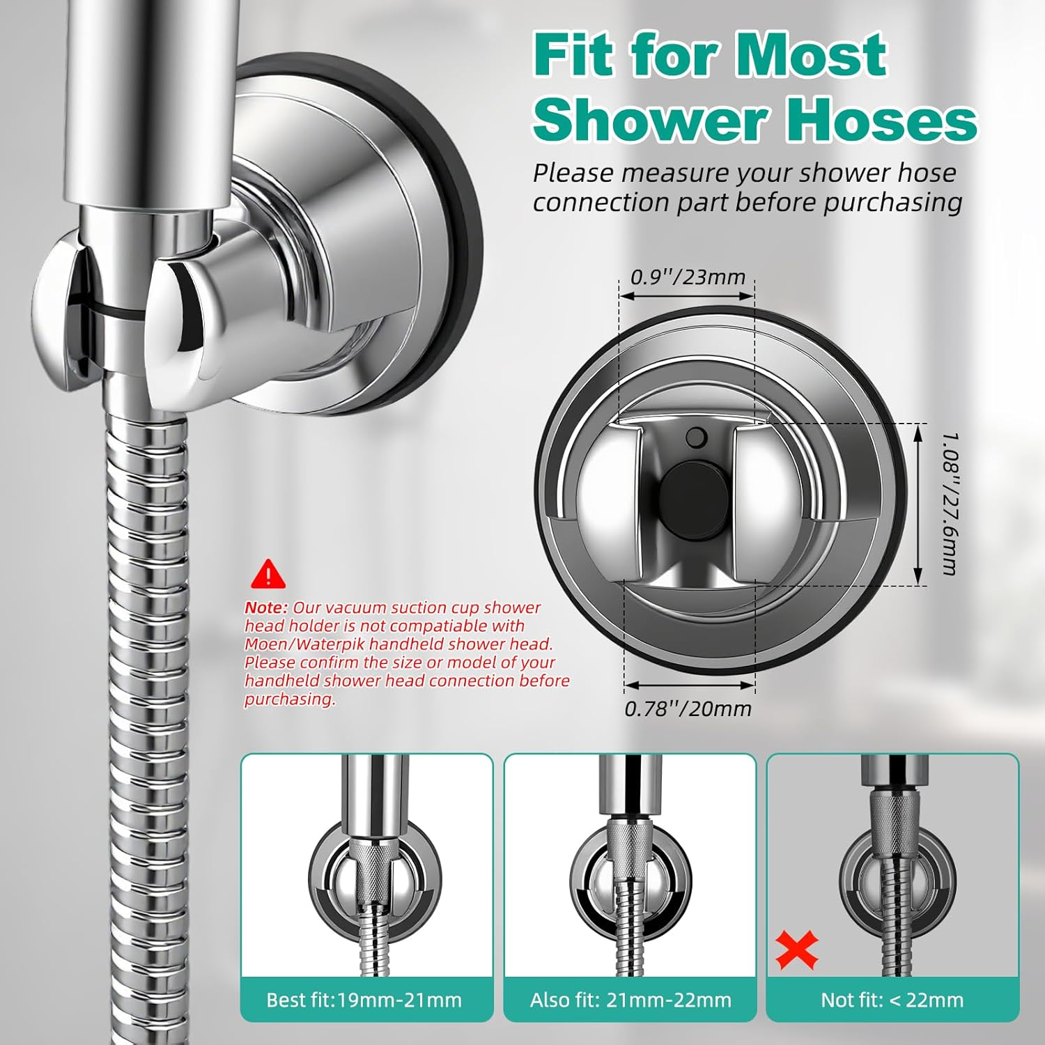Vacuum Suction Cup Shower Head Holder, Removable Shower Wand Bracket, Adjustable Height & Wall Mount ABS Plastic Suction Holder for Handheld Shower Head, Chrome Finish
