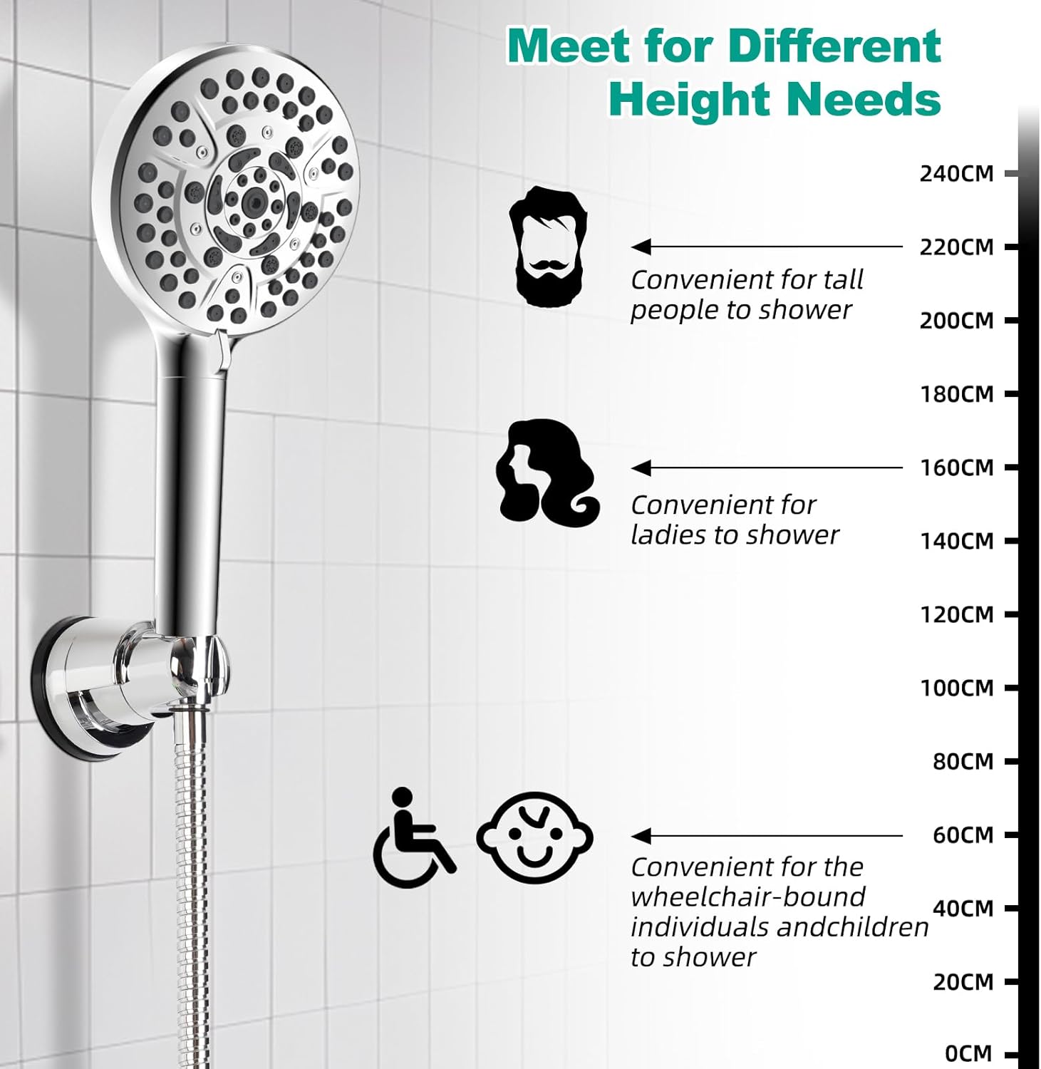 Vacuum Suction Cup Shower Head Holder, Removable Shower Wand Bracket, Adjustable Height & Wall Mount ABS Plastic Suction Holder for Handheld Shower Head, Chrome Finish