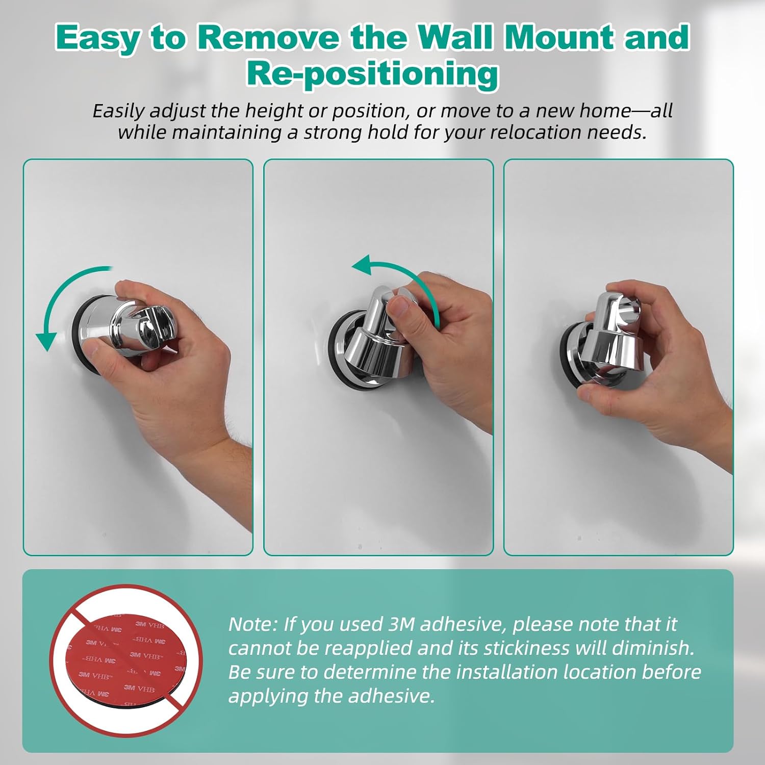 Vacuum Suction Cup Shower Head Holder, Removable Shower Wand Bracket, Adjustable Height & Wall Mount ABS Plastic Suction Holder for Handheld Shower Head, Chrome Finish