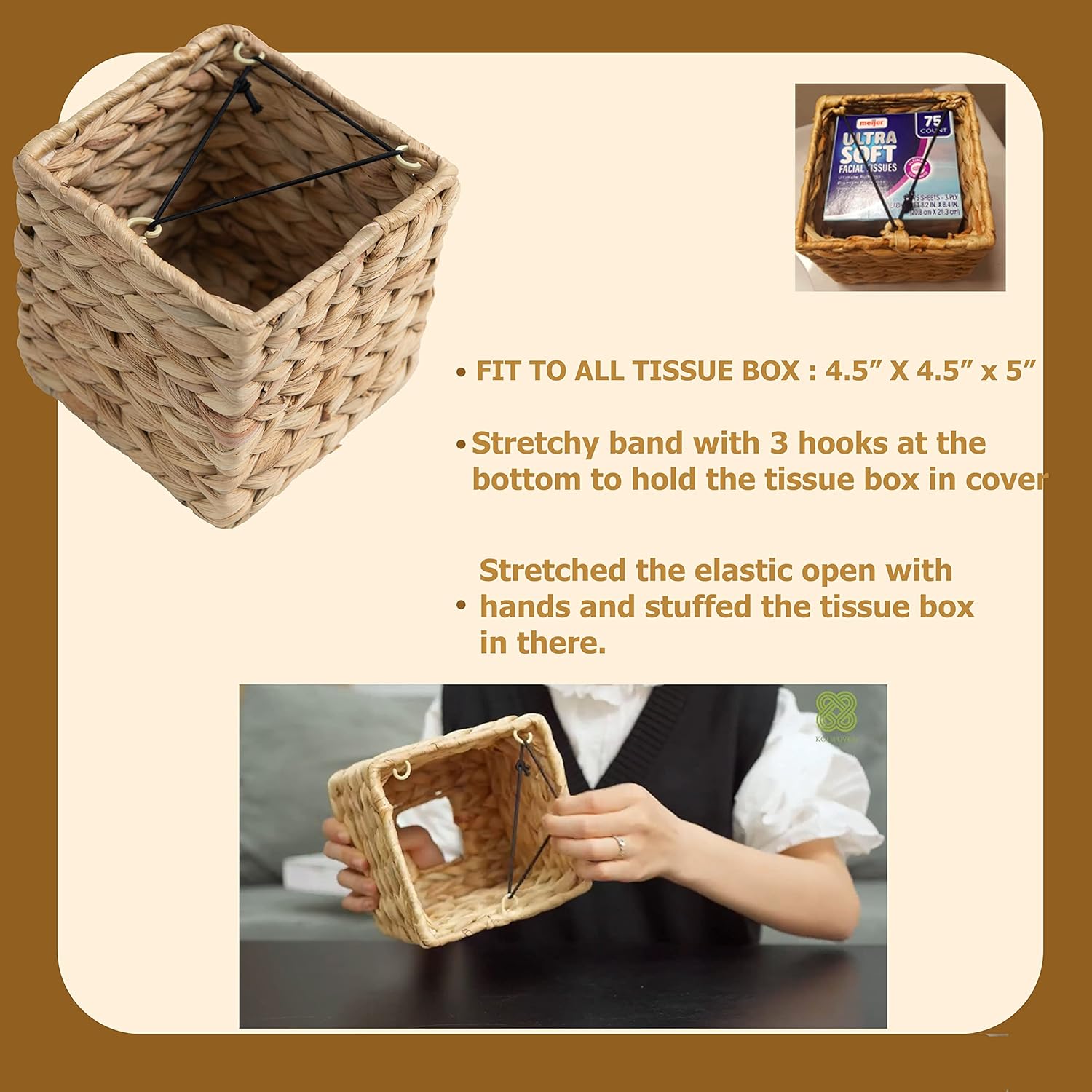 Tissue Box Holder - Square- Rattan Wicker Tissues Cube Box Cover -Boho Decorative Woven Facial Tissue Holder on Table and Barthroom (Square)