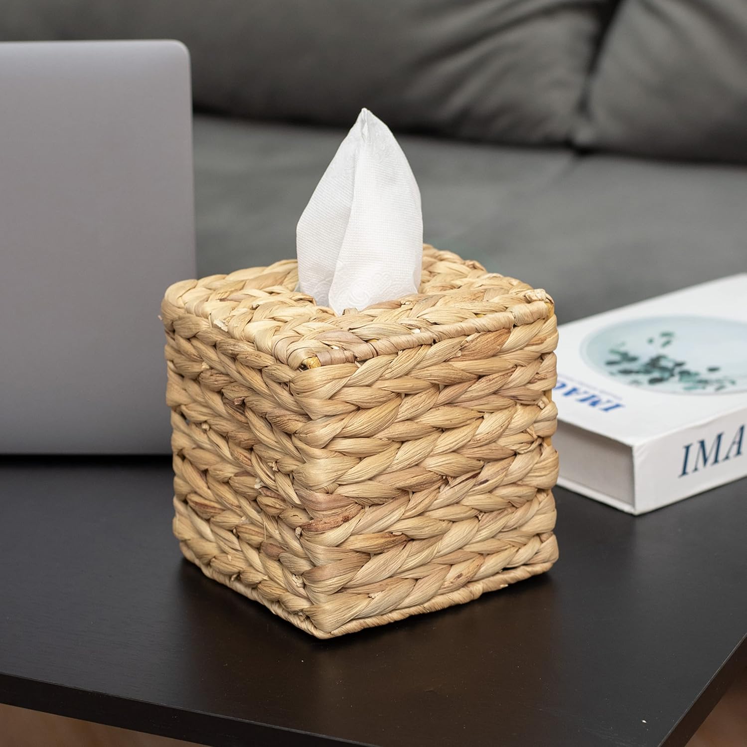 Tissue Box Holder - Square- Rattan Wicker Tissues Cube Box Cover -Boho Decorative Woven Facial Tissue Holder on Table and Barthroom (Square)