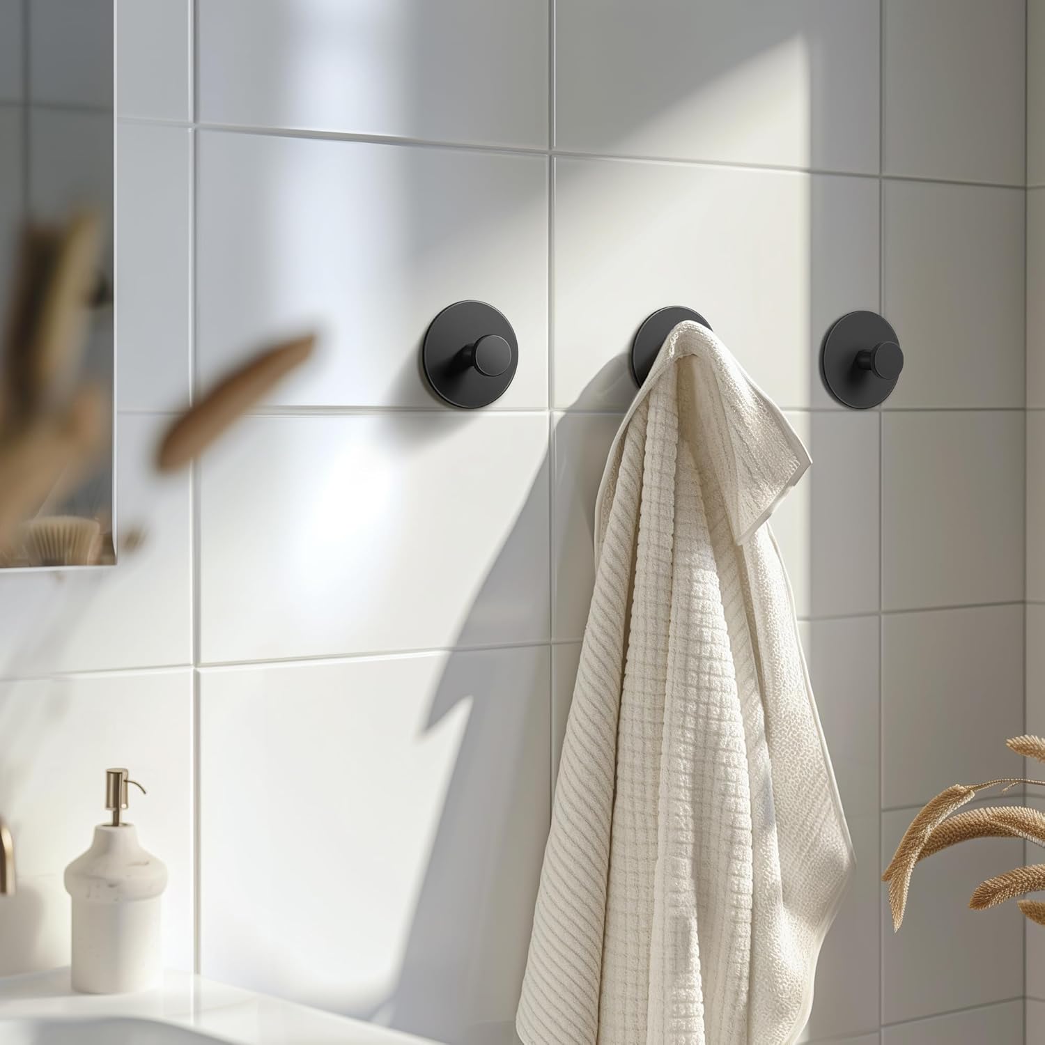 Multifunctional Towel Hooks for Bathroom Wall - Extra Sticky Stainless, Holds up to 12LB, Coat Hooks Wall Hooks, Adhesive Door Holder Hanger Shower Accessories, Matt Black Heavy Duty