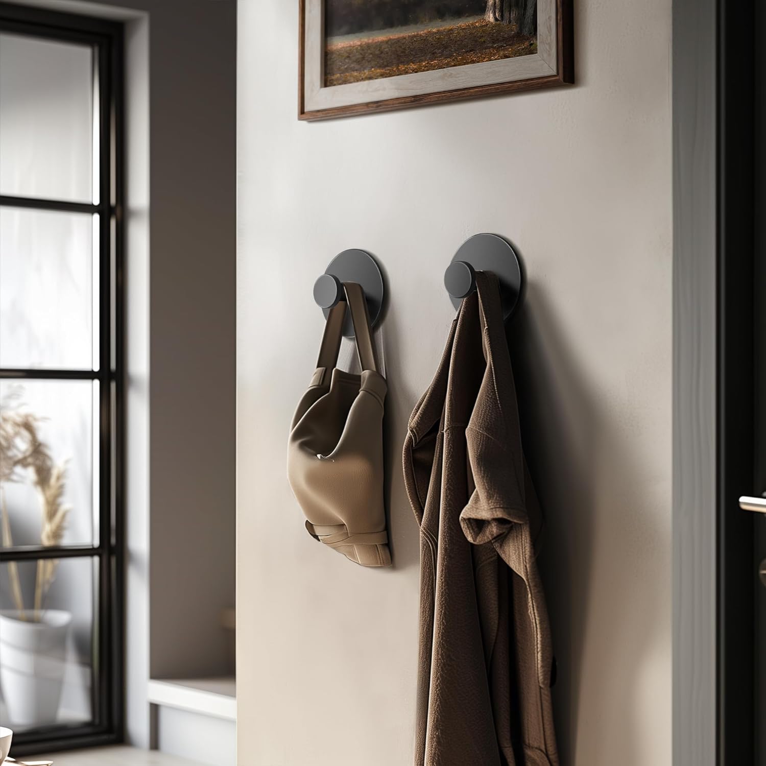Multifunctional Towel Hooks for Bathroom Wall - Extra Sticky Stainless, Holds up to 12LB, Coat Hooks Wall Hooks, Adhesive Door Holder Hanger Shower Accessories, Matt Black Heavy Duty