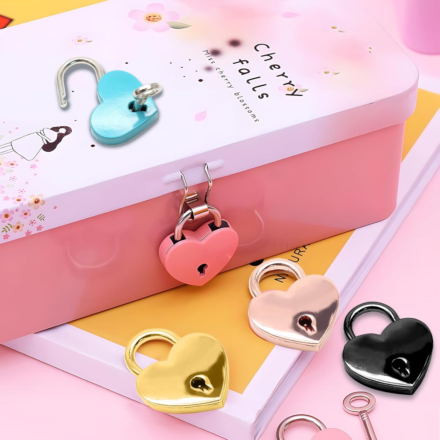 3pcs Mini Heart Shaped Padlock, Metal Lock with Key for Diary Book Jewelry Storage Box Handbag (Rose Gold)