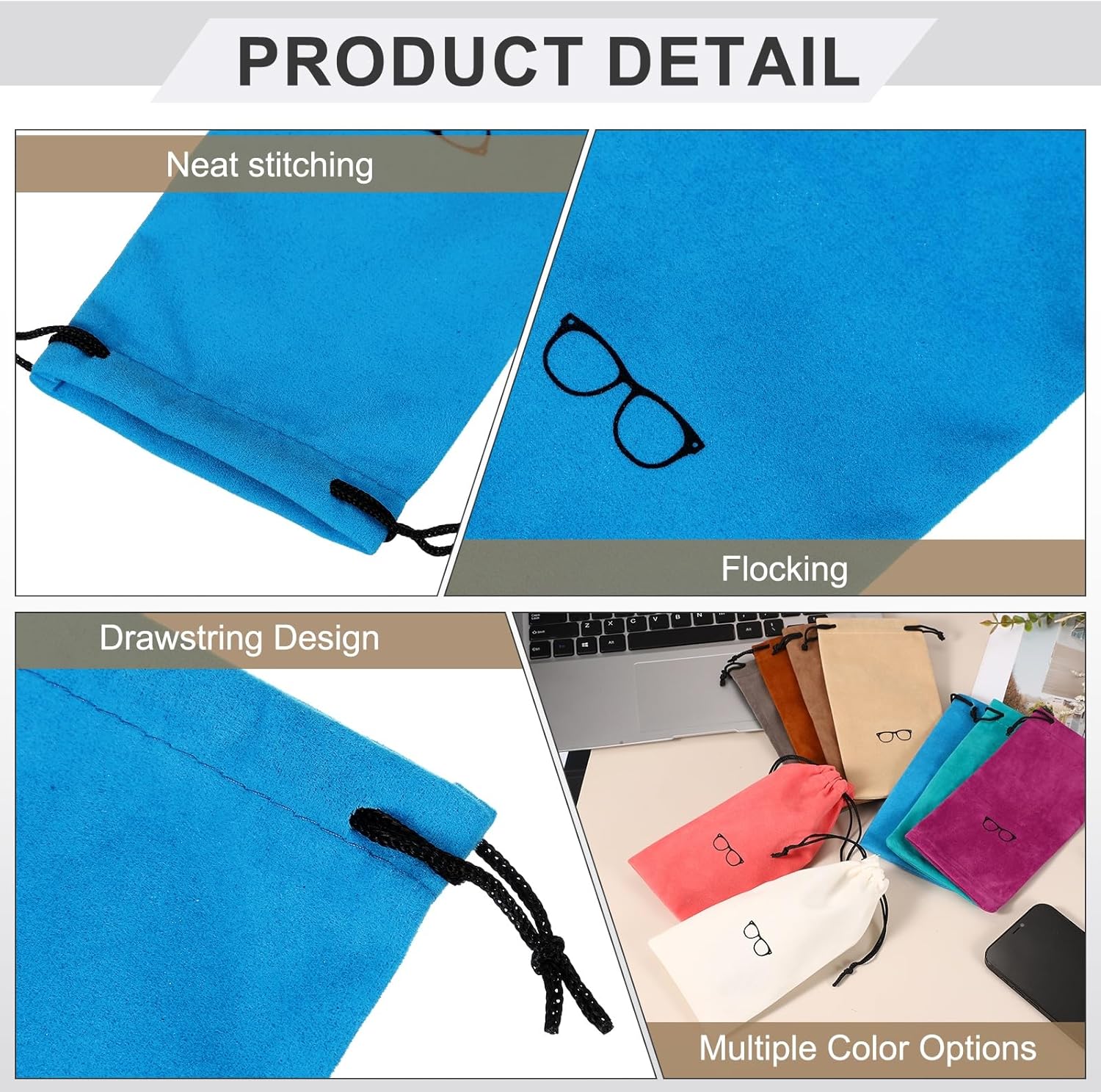 Flocking Eyeglass Cases, Sunglass Case Portable Glasses Pouch with Drawstring Sunglasses Bag with Glasses Cloth