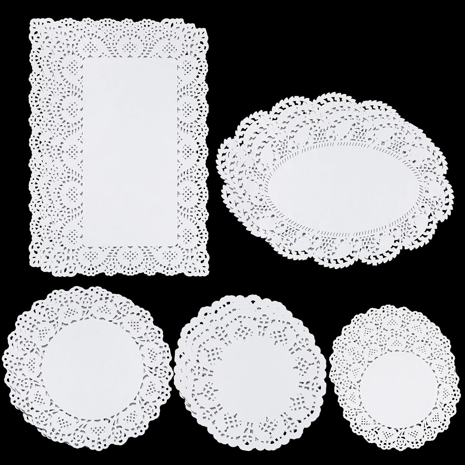5 Sizes Paper Doilies, 150 Pcs Lace Doilies Paper Round Disposable Placemats White-Doilies for Tables Dessert Trays Party Craft Wedding Birthday Cakes Tableware Decorations