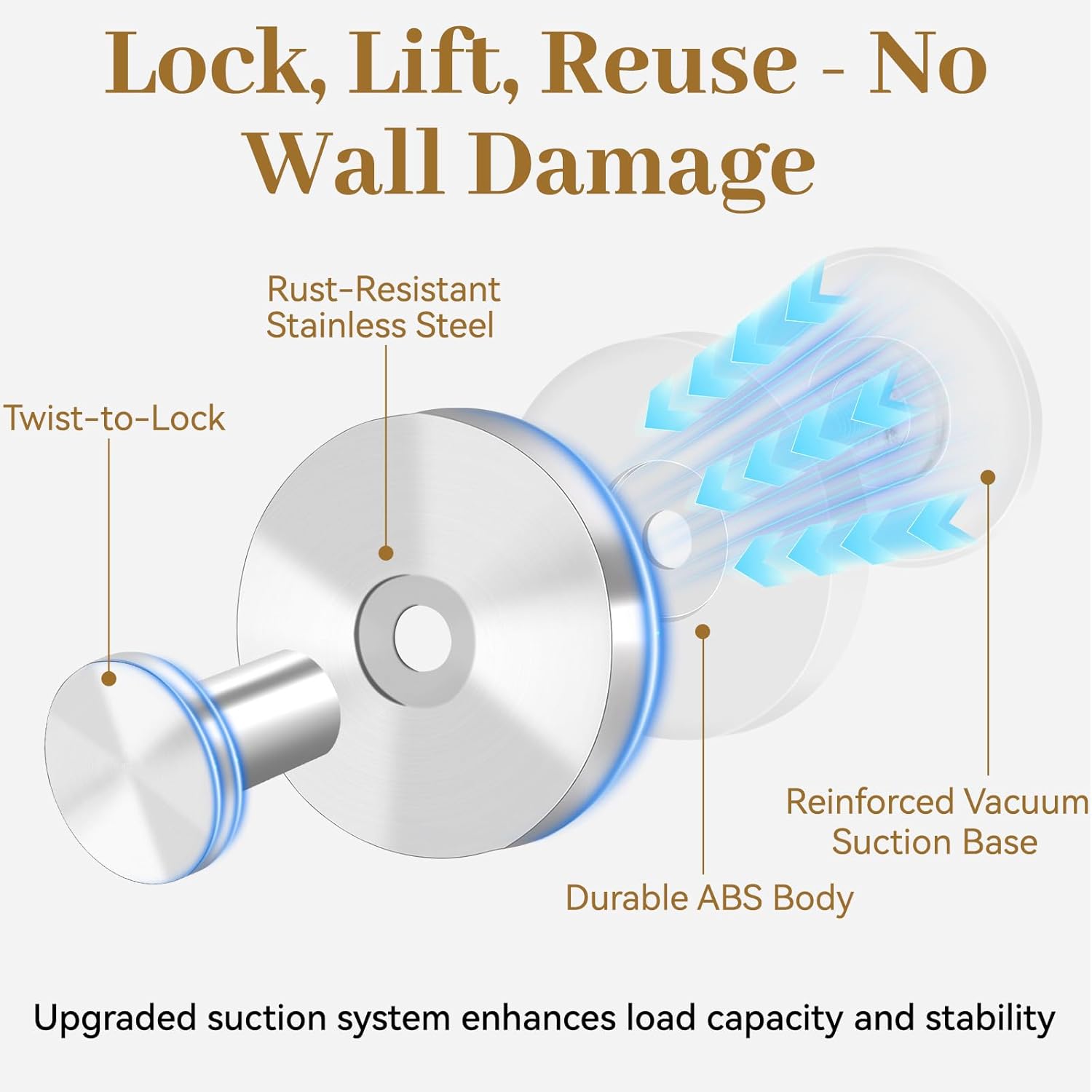 Suction Cup Hooks for Shower, Removable Towel Hooks for Bathroom Window Glass, Powerful Vacuum Shower Hook for Towel, Robe, Loofah - 4 Pack, Sliver