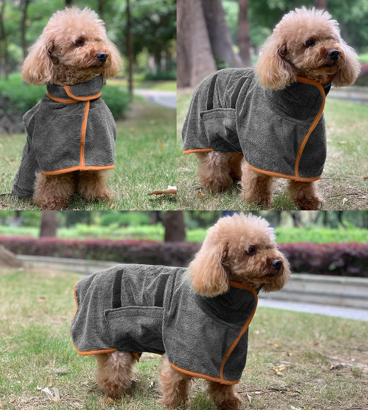 Dog Bathrobe S Size Grey with Orange Piping Adjustable Strap Absorbent Dog Towel for Dogs