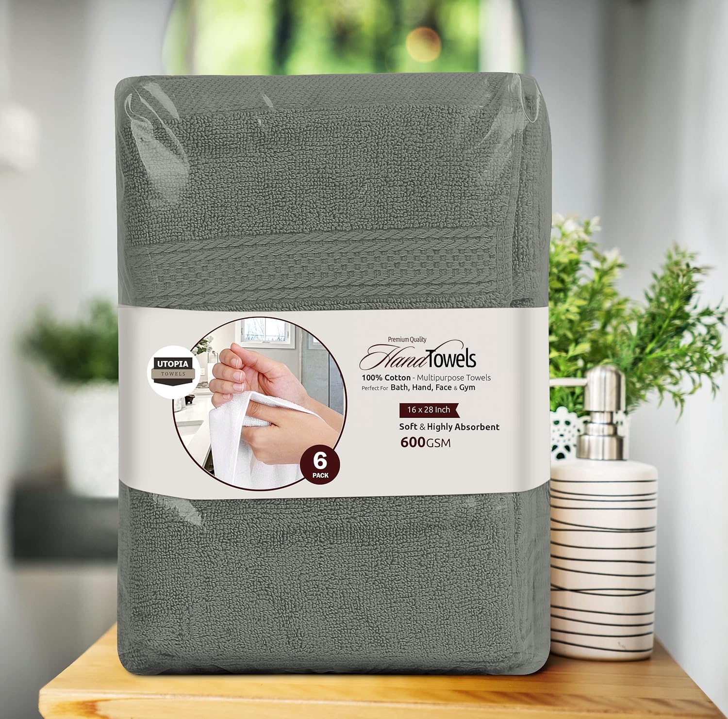 6 Pack Premium Hand Towels, 16 by 28 inches, 100% Ring Spun Cotton, Soft and Absorbent 600 GSM Towels for Bathroom, Gym, and Hotel, Grey