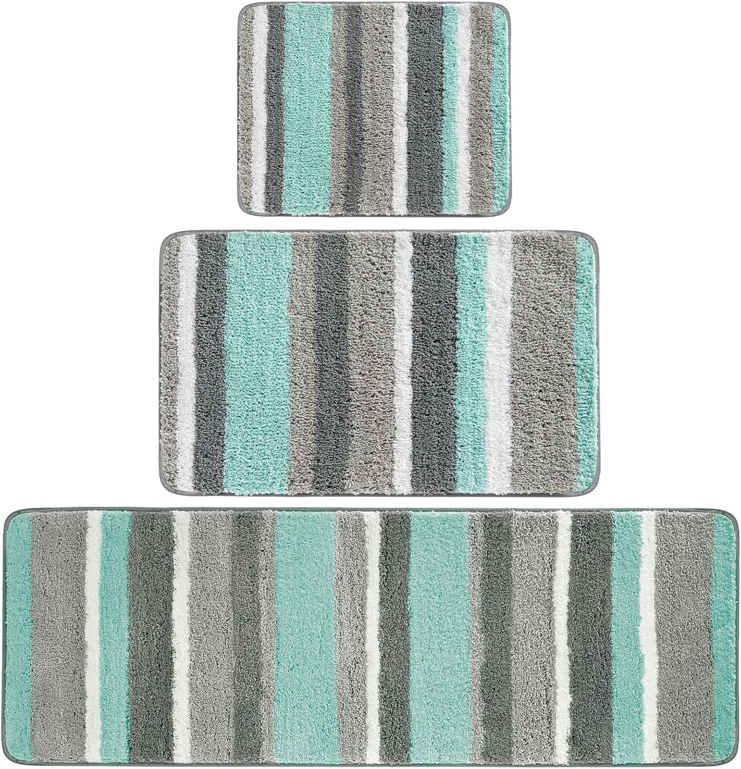 Soft Microfiber Polyester Spa Rugs for Bathroom Vanity, Tub/Shower - Water Absorbent, Machine Washable - Plush Non-Slip Rectangular Accent Rug Mat -Striped Design, Set of 3 Sizes - Mint/Gray