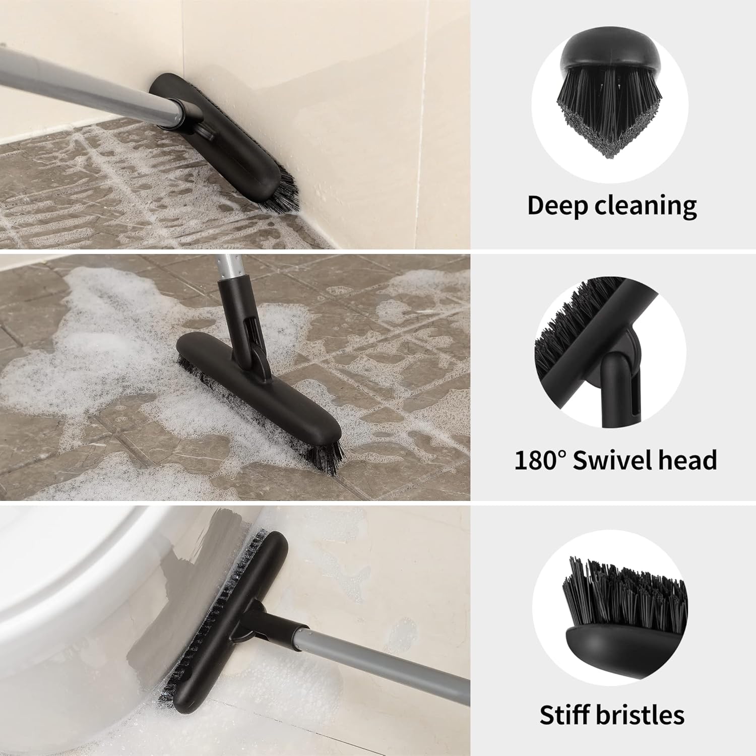 Heavy Duty Grout Scrub Brush with Long Handle, Shower Floor Scrubber for Cleaning, Tile Scrub Brush with Stiff Bristles