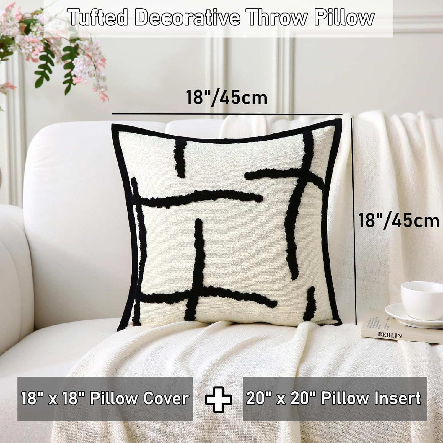 Boho Decorative Throw Pillows with Inserts, 18" x 18" Soft Tufted Modern Chenille Pillow, Pillows for Home, Patio, Couch, Bedroom, Living Room (Black Lines - Cream White Background)