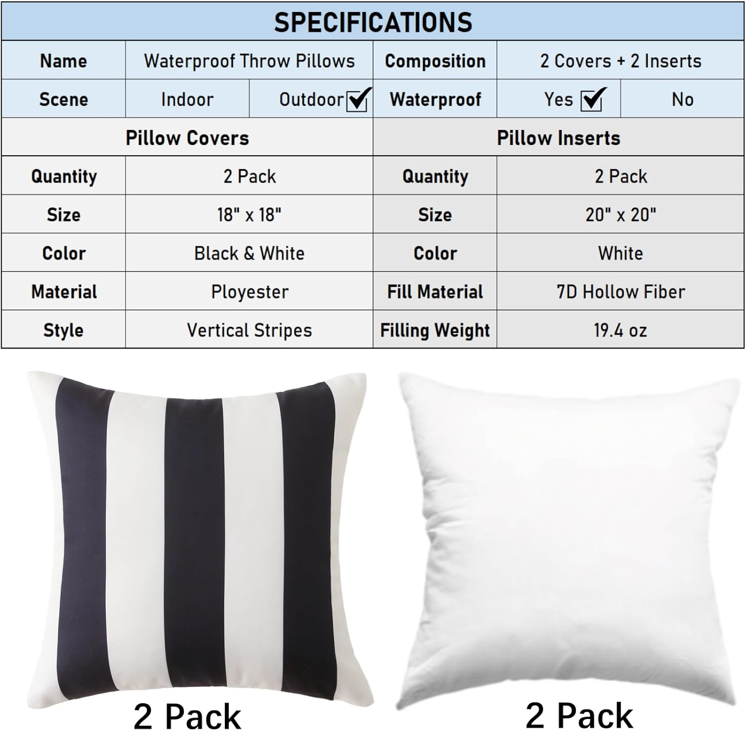 18" x 18" Throw Pillows with Inserts, Pack of 2 Outdoor Waterproof Striped Pillow, Square Decorative Pillows for Patio Furniture Garden Couch Sofa Home (Black Vertical Stripes)