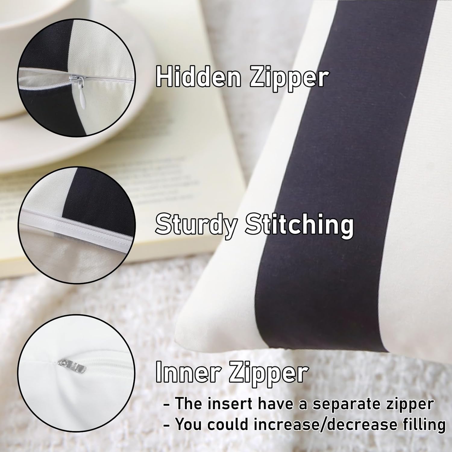 18" x 18" Throw Pillows with Inserts, Pack of 2 Outdoor Waterproof Striped Pillow, Square Decorative Pillows for Patio Furniture Garden Couch Sofa Home (Black Vertical Stripes)