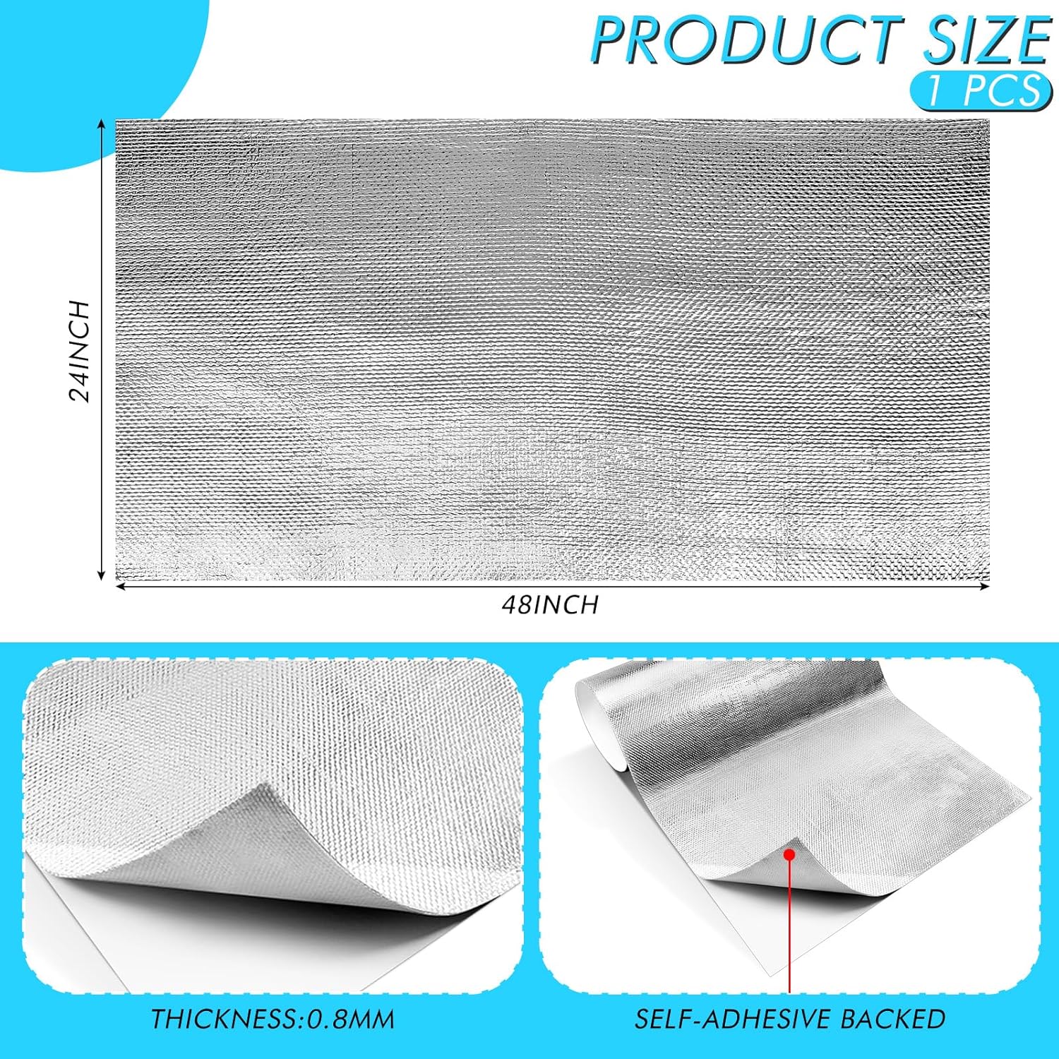 Amylove 1 Pcs 24'' x 48'' Aluminized Heat Shield Thermal Barrier Adhesive Backed Heat Blanket Wrap Fiberglass Insulation Reflective Material High Temp Protection for Exhaust Wood Fireplace Stove