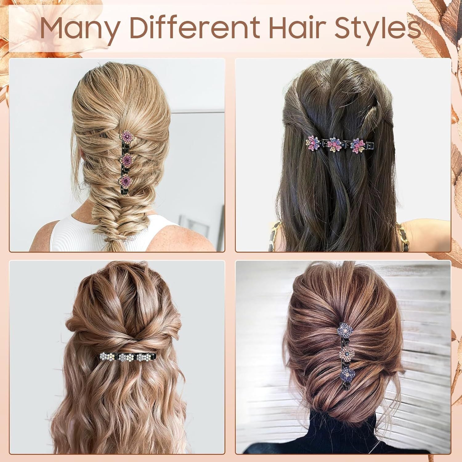 Braided Hair Clips For Women - Sparkling Crystal Stone Hair Clips For Styling Sectioning with 3 Small Hair Barrettes, Hair Accessories Four-Leaf Chopped with Rhinestones for Women& Girls 4 PCS (# 1)