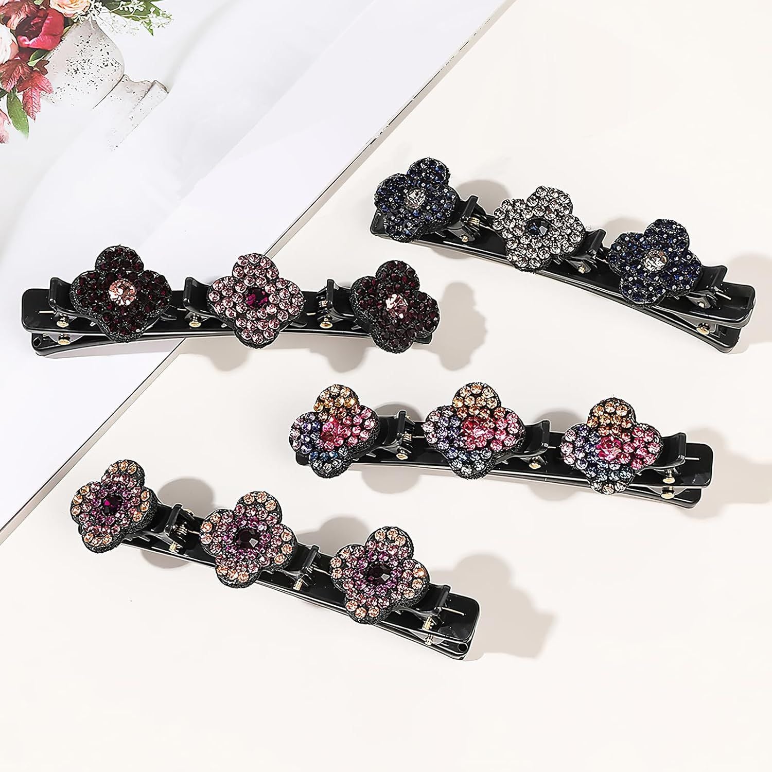 Braided Hair Clips For Women - Sparkling Crystal Stone Hair Clips For Styling Sectioning with 3 Small Hair Barrettes, Hair Accessories Four-Leaf Chopped with Rhinestones for Women& Girls 4 PCS (# 1)