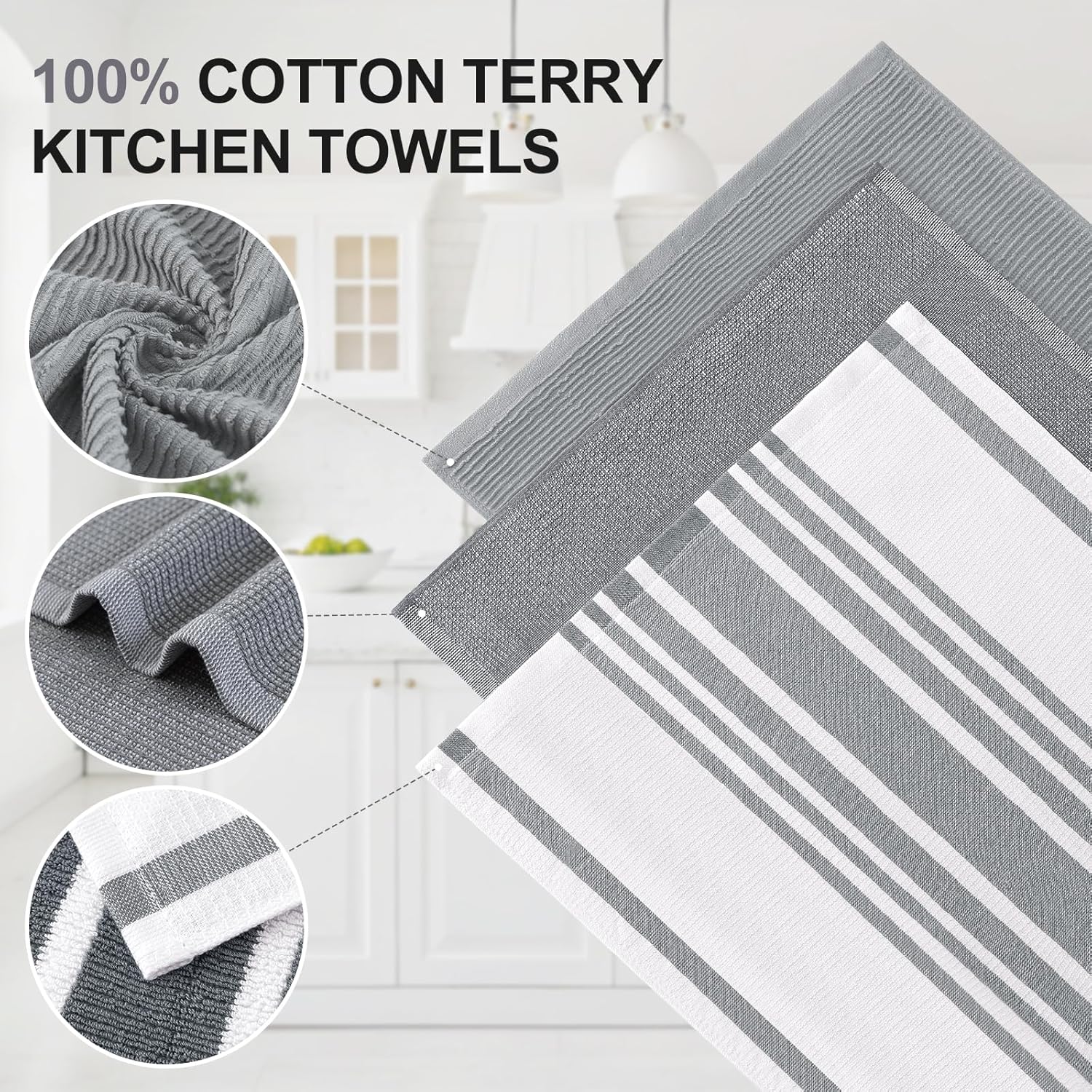 Homaxy Premium Kitchen Towels(18”x 28”, 6 Pack, Grey) and Terry Kitchen Towels(15" x 25", 6 Pack, Dark Grey), 380 GSM Reusable Tea Towel with Hanging Loop