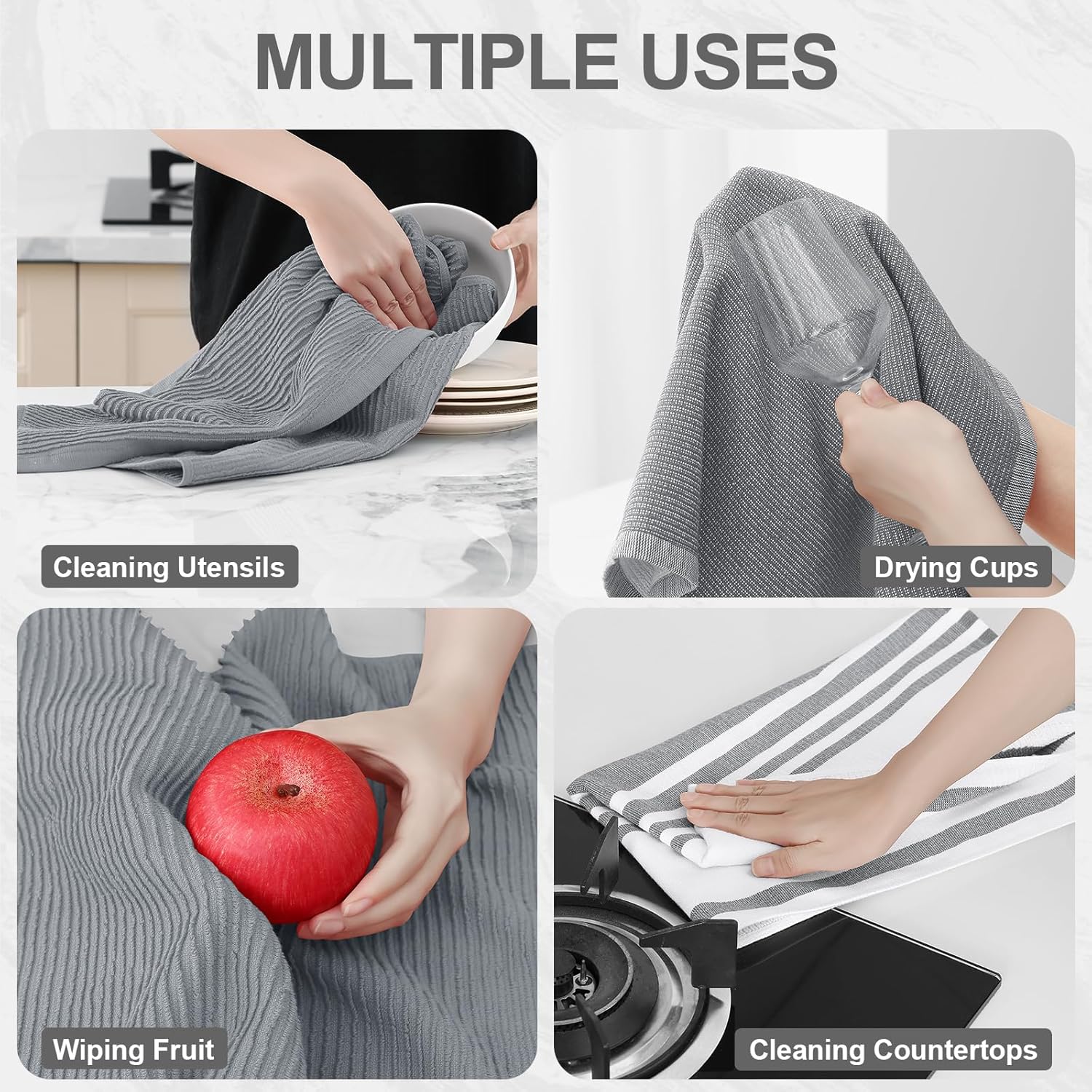 Homaxy Premium Kitchen Towels(18”x 28”, 6 Pack, Grey) and Terry Kitchen Towels(15" x 25", 6 Pack, Dark Grey), 380 GSM Reusable Tea Towel with Hanging Loop