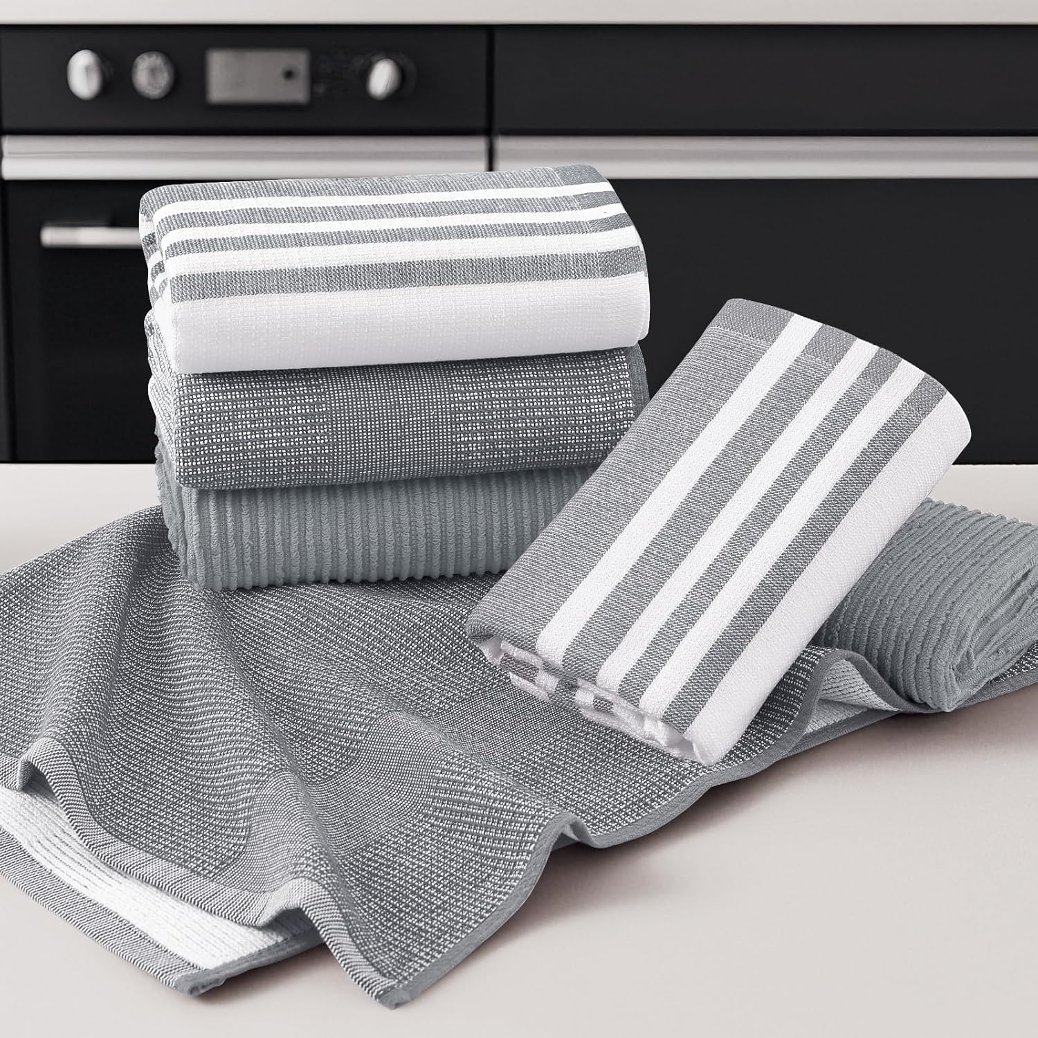 Homaxy Premium Kitchen Towels(18”x 28”, 6 Pack, Grey) and Terry Kitchen Towels(15" x 25", 6 Pack, Dark Grey), 380 GSM Reusable Tea Towel with Hanging Loop