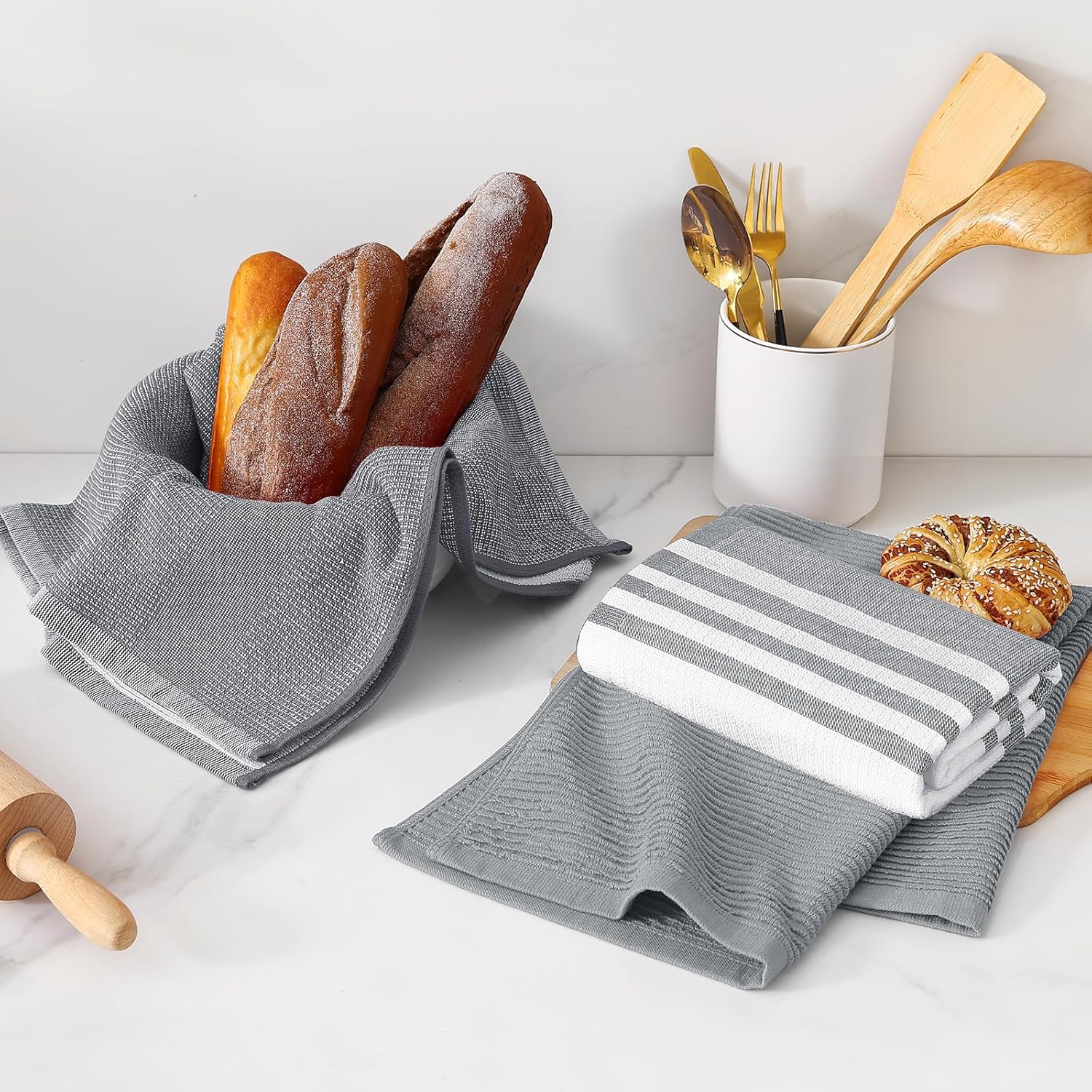 Homaxy Premium Kitchen Towels(18”x 28”, 6 Pack, Grey) and Terry Kitchen Towels(15" x 25", 6 Pack, Dark Grey), 380 GSM Reusable Tea Towel with Hanging Loop