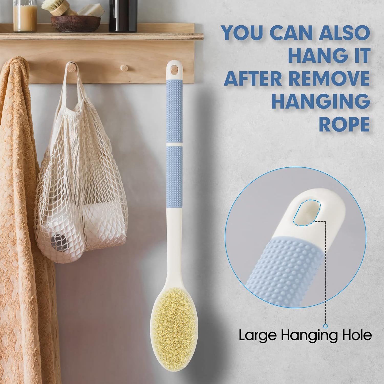 Back Scrubber Anti Slip for Shower,Shower Brush Long Handle with Stiff and Soft Bristles,Body Exfoliator for Bath or Dry Brush(Blue)