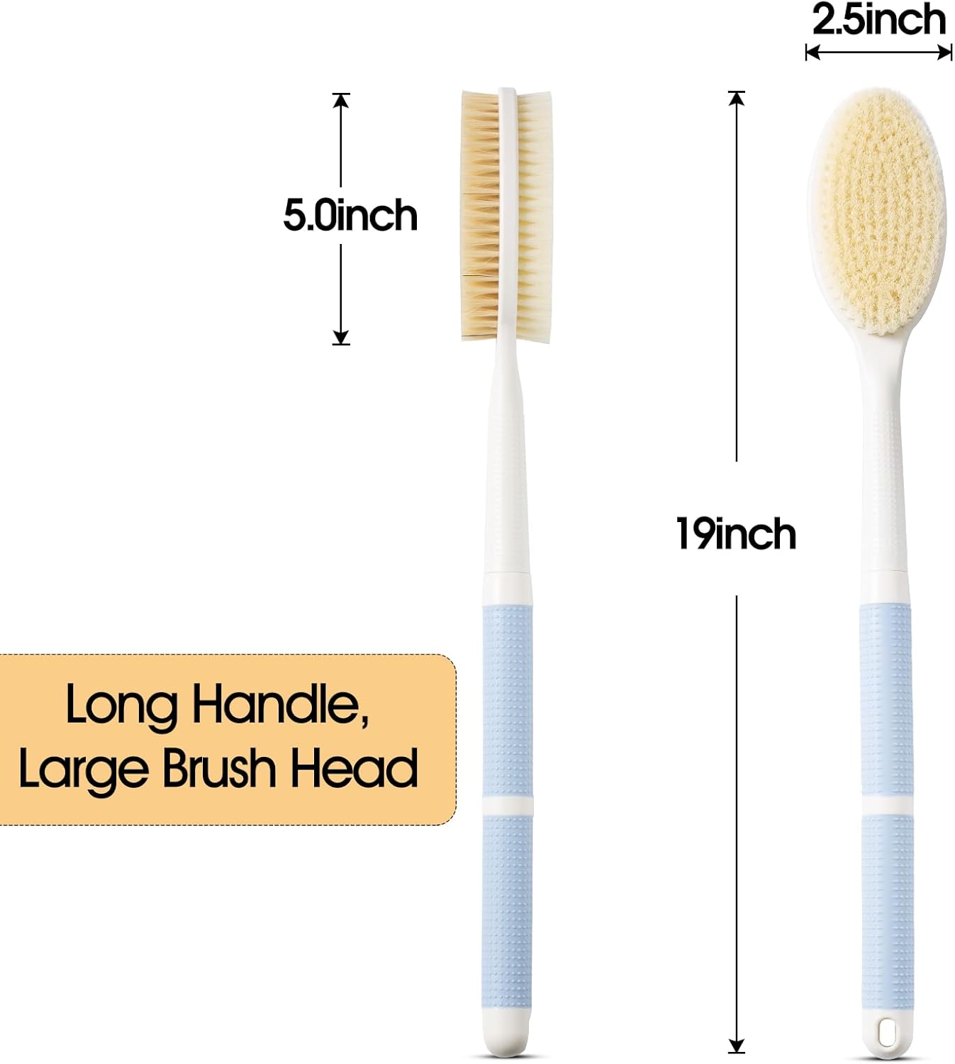 Back Scrubber Anti Slip for Shower with Detachable Brush Head,19" Shower Brush with Soft and Stiff Bristles,Long Handle Exfoliating Body Scrubber for Bath or Dry Brush.