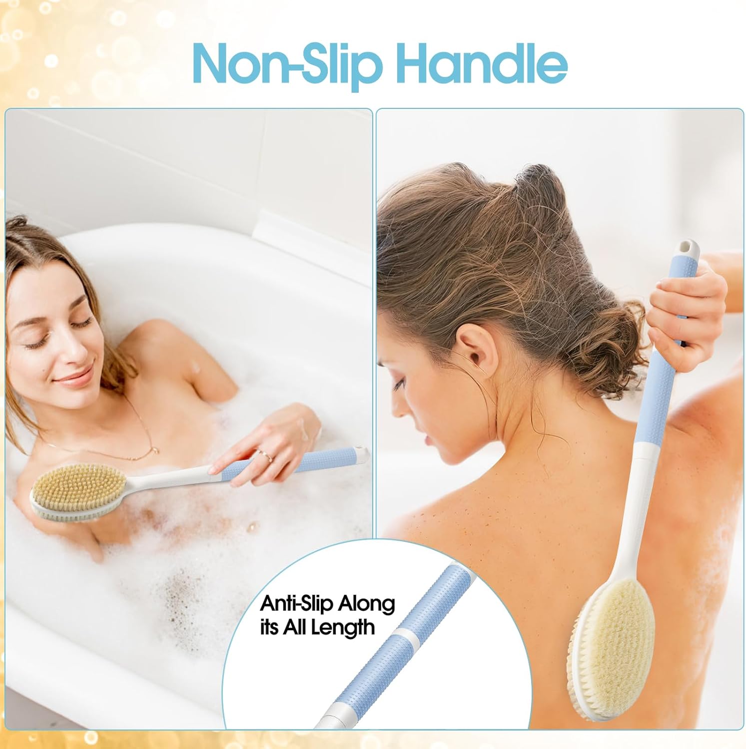 Back Scrubber Anti Slip for Shower with Detachable Brush Head,19" Shower Brush with Soft and Stiff Bristles,Long Handle Exfoliating Body Scrubber for Bath or Dry Brush.