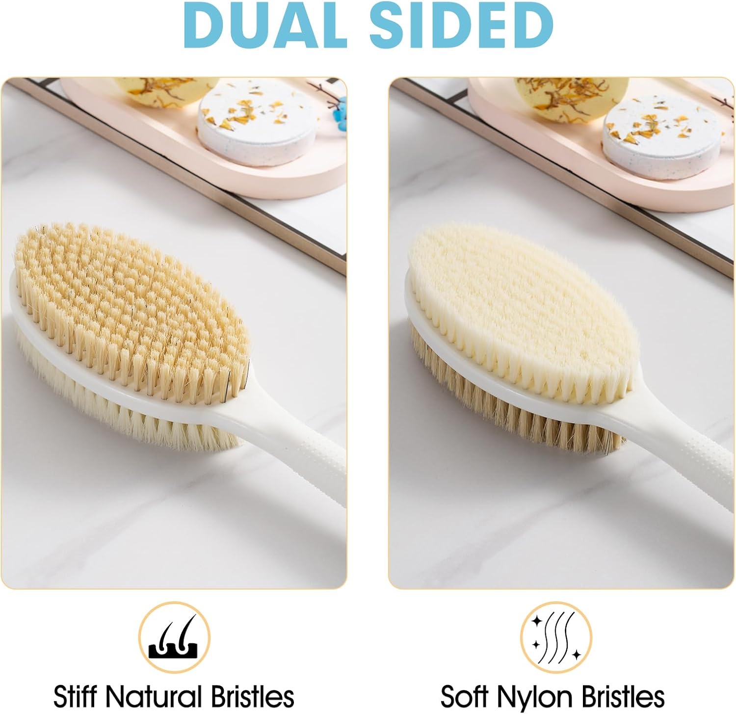 Back Scrubber Anti Slip for Shower with Detachable Brush Head,19" Shower Brush with Soft and Stiff Bristles,Long Handle Exfoliating Body Scrubber for Bath or Dry Brush.