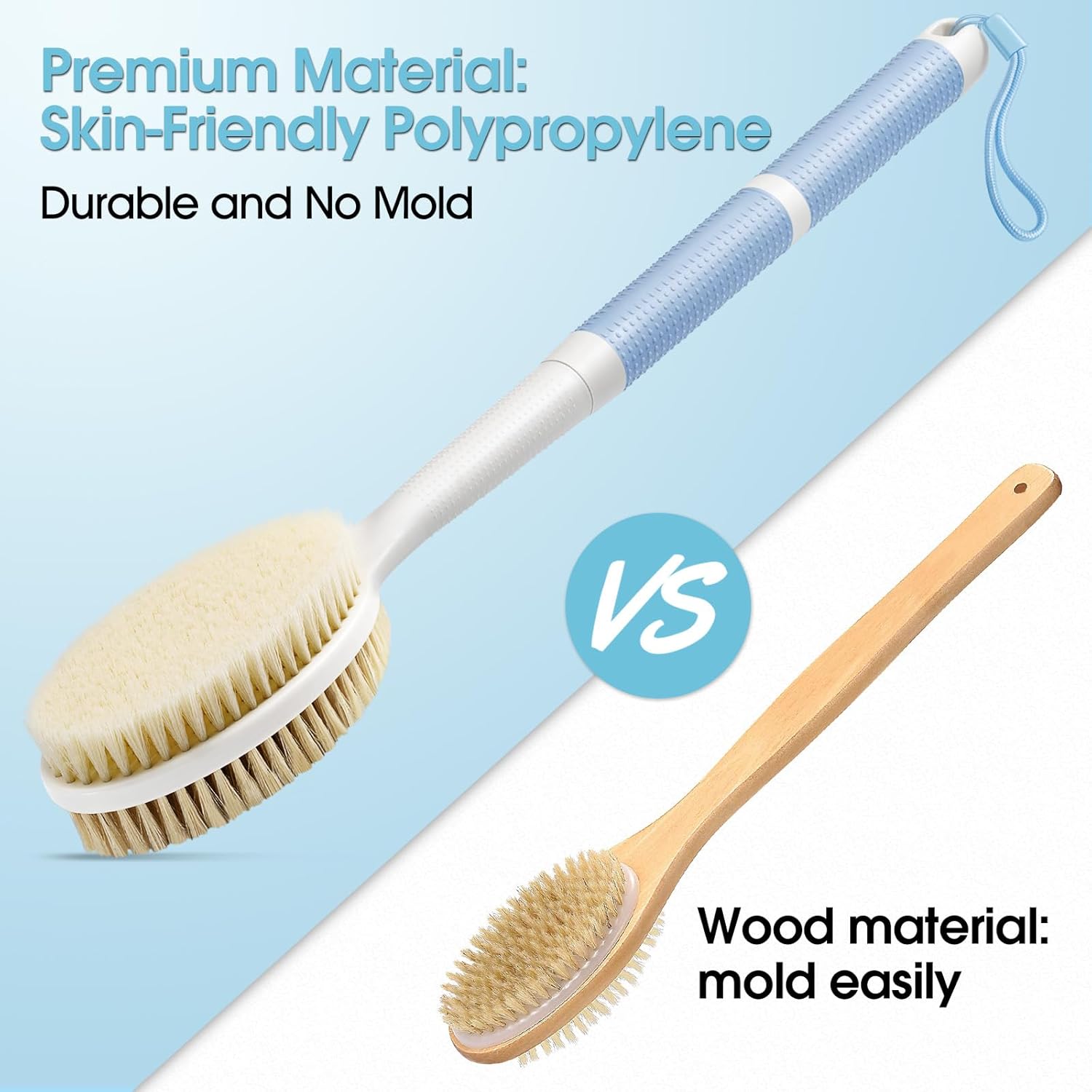 Back Scrubber Anti Slip for Shower with Detachable Brush Head,19" Shower Brush with Soft and Stiff Bristles,Long Handle Exfoliating Body Scrubber for Bath or Dry Brush.