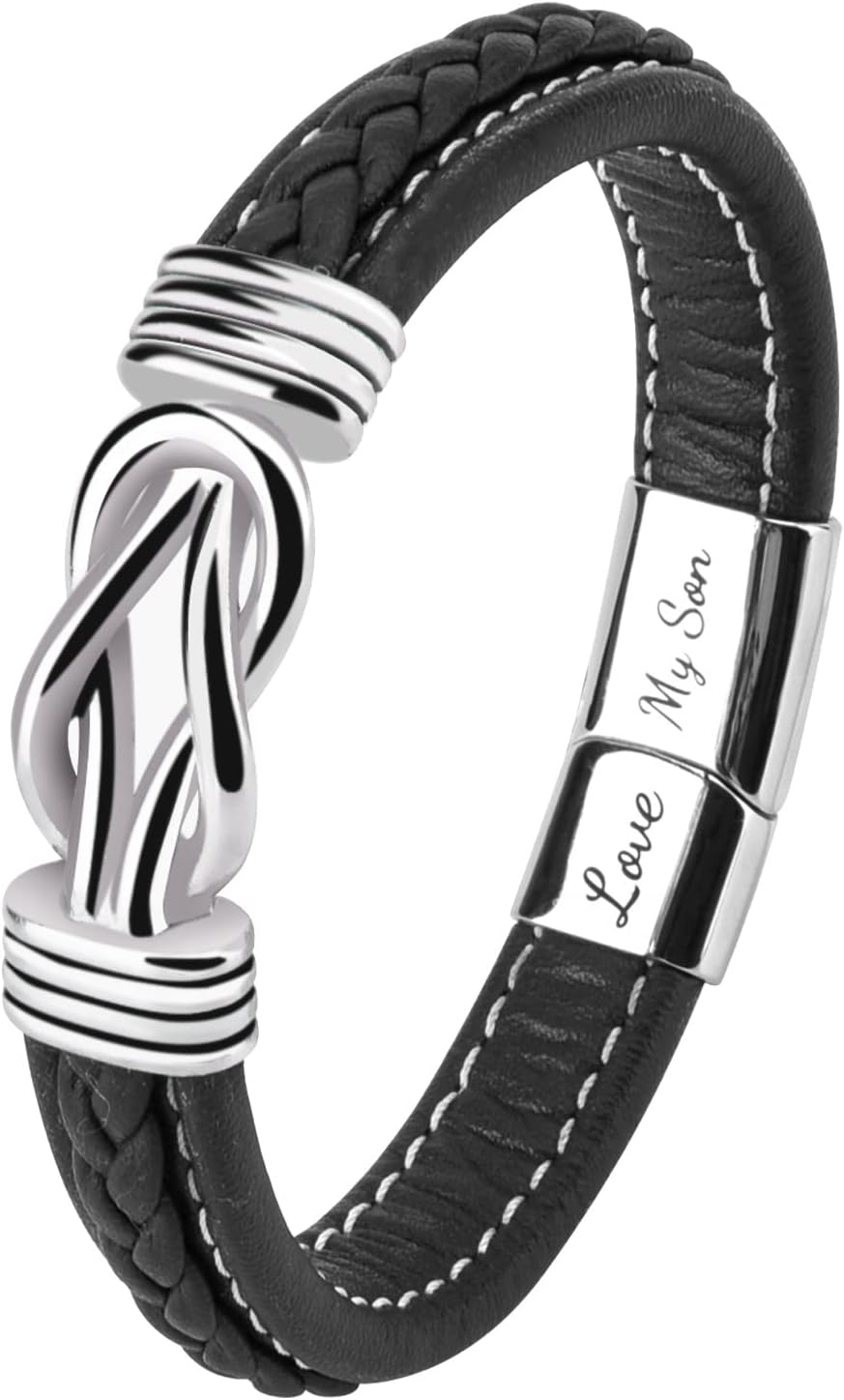 To My Son Bracelet, Forever Linked Together Braided Magnetic Closure Leather Bracelet, Men's Stainless Steel Bracelet Knot Cuff Wristband, Son Grandson Back to School Gifts from Mom