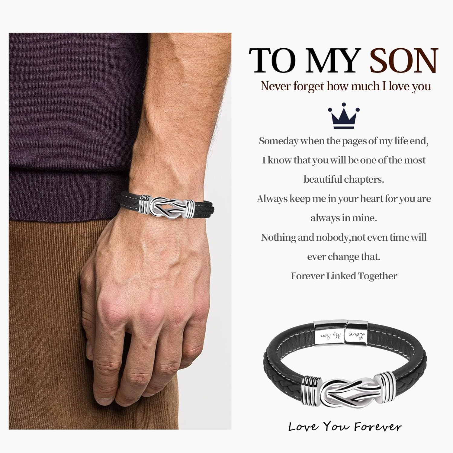 To My Son Bracelet, Forever Linked Together Braided Magnetic Closure Leather Bracelet, Men's Stainless Steel Bracelet Knot Cuff Wristband, Son Grandson Back to School Gifts from Mom