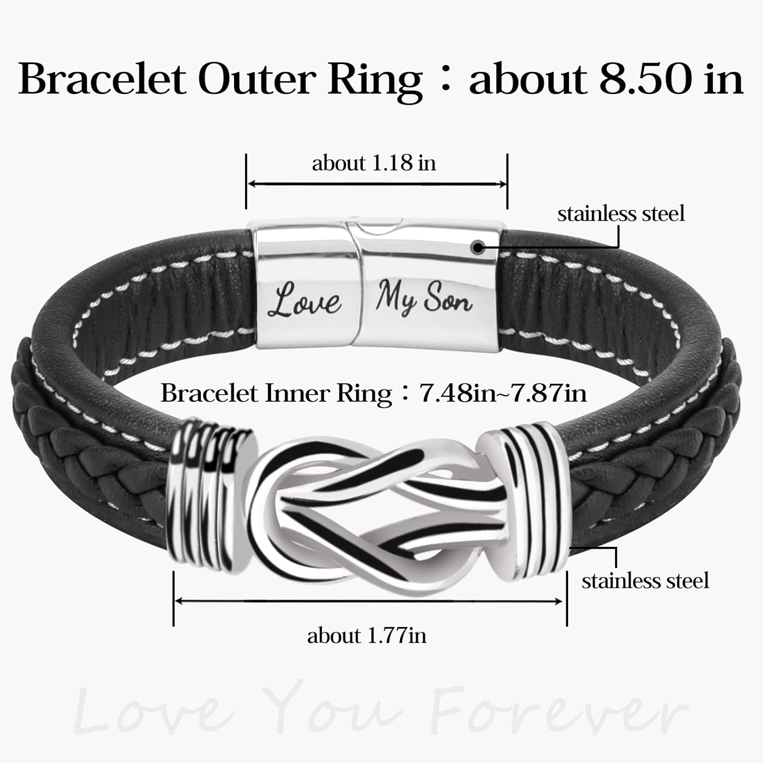 To My Son Bracelet, Forever Linked Together Braided Magnetic Closure Leather Bracelet, Men's Stainless Steel Bracelet Knot Cuff Wristband, Son Grandson Back to School Gifts from Mom