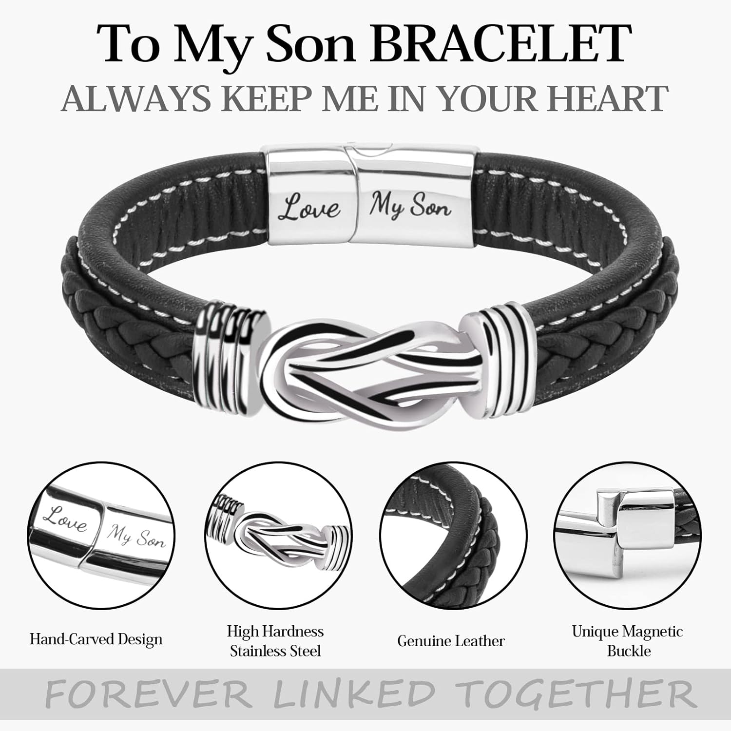 To My Son Bracelet, Forever Linked Together Braided Magnetic Closure Leather Bracelet, Men's Stainless Steel Bracelet Knot Cuff Wristband, Son Grandson Back to School Gifts from Mom