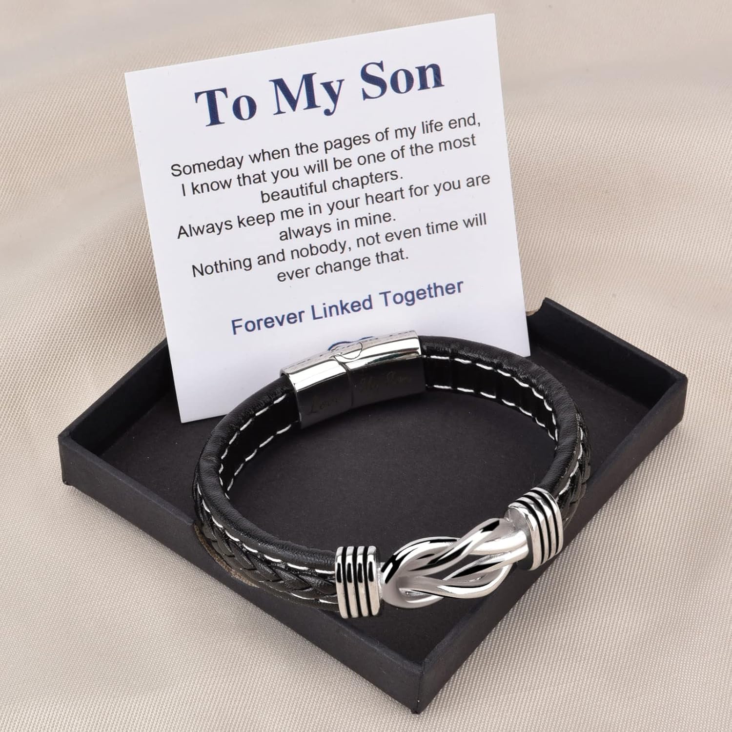 To My Son Bracelet, Forever Linked Together Braided Magnetic Closure Leather Bracelet, Men's Stainless Steel Bracelet Knot Cuff Wristband, Son Grandson Back to School Gifts from Mom
