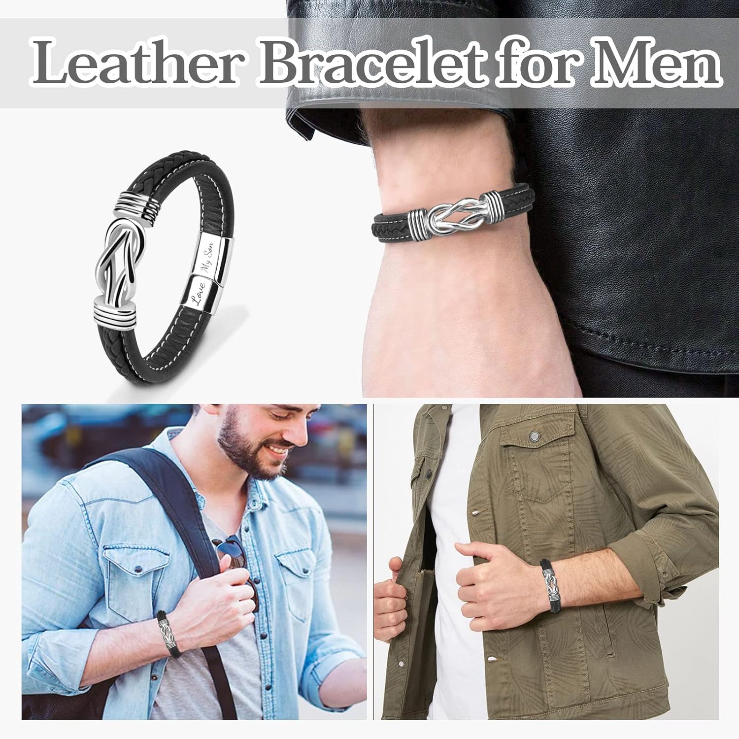 To My Son Bracelet, Forever Linked Together Braided Magnetic Closure Leather Bracelet, Men's Stainless Steel Bracelet Knot Cuff Wristband, Son Grandson Back to School Gifts from Mom