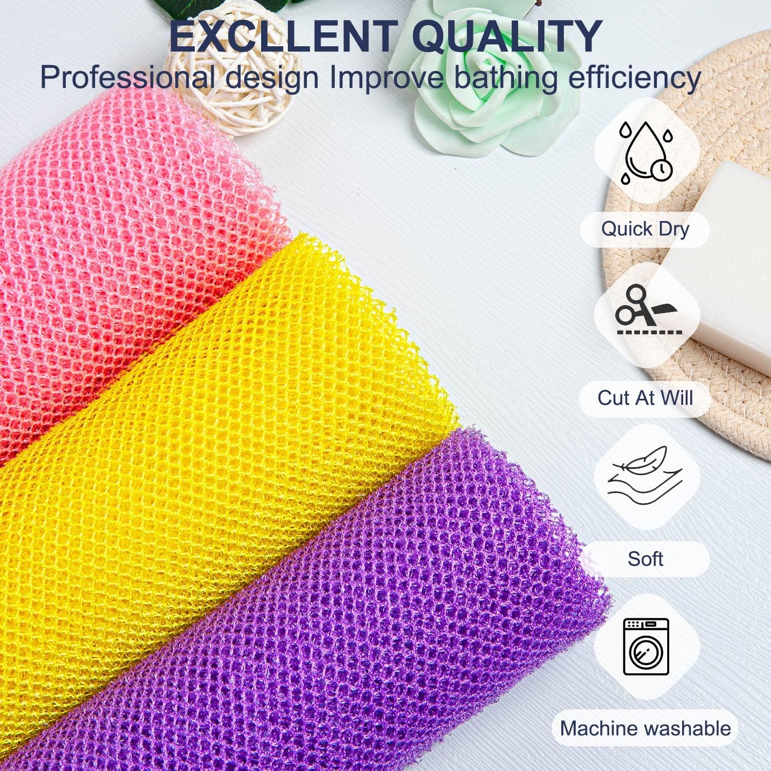 3 Pieces African Bath Sponge Exfoliating Scrubbing Long Net Rag Wash Shower Body Scrubber, Yellow Pink Purple