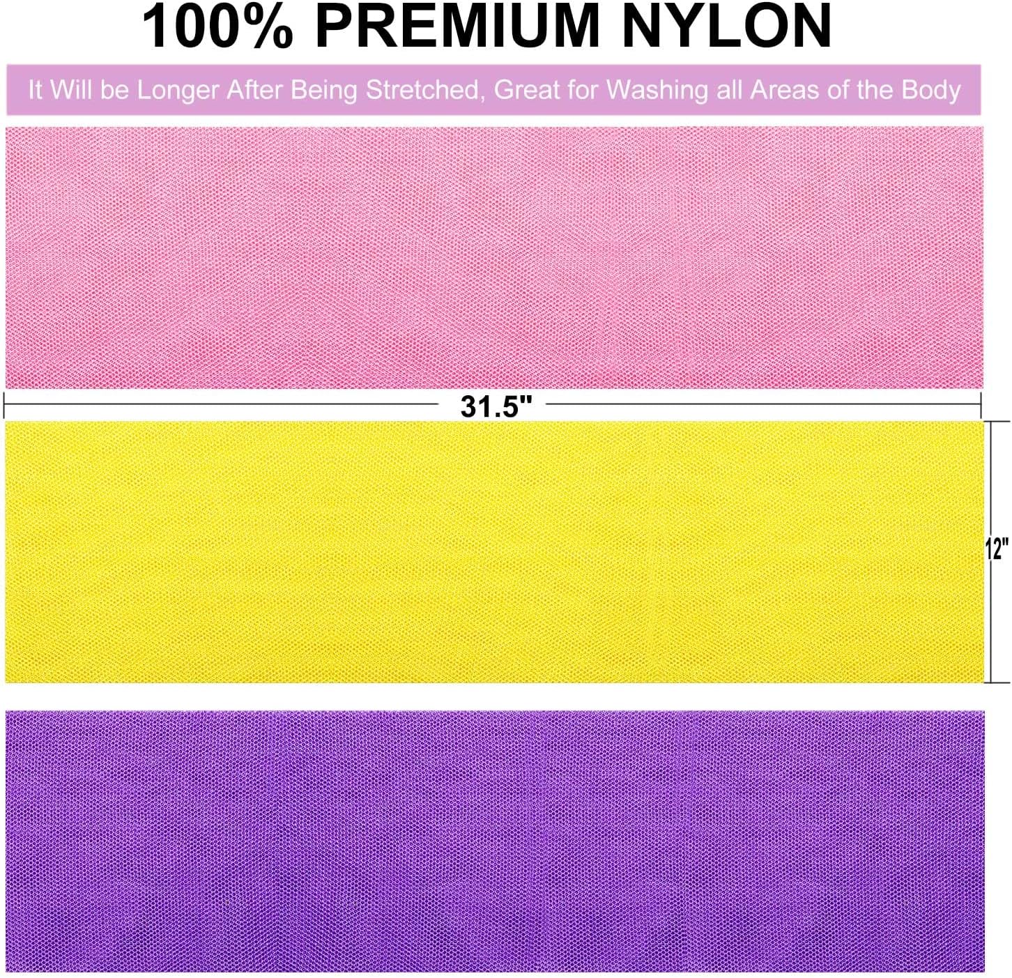 3 Pieces African Bath Sponge Exfoliating Scrubbing Long Net Rag Wash Shower Body Scrubber, Yellow Pink Purple