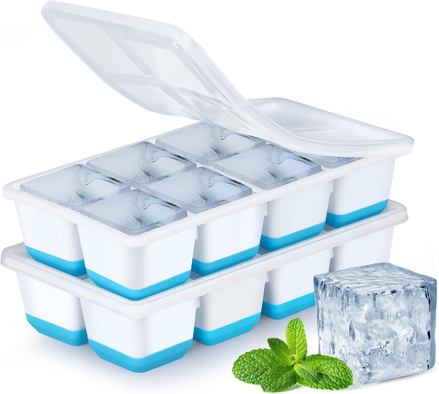 Large Ice Cube Trays with Lid,  2 Pack Stackable Silicone Ice Cube Molds for Freezer, Easy Release 16 Big Square Ice Trays for Whisky Cocktails