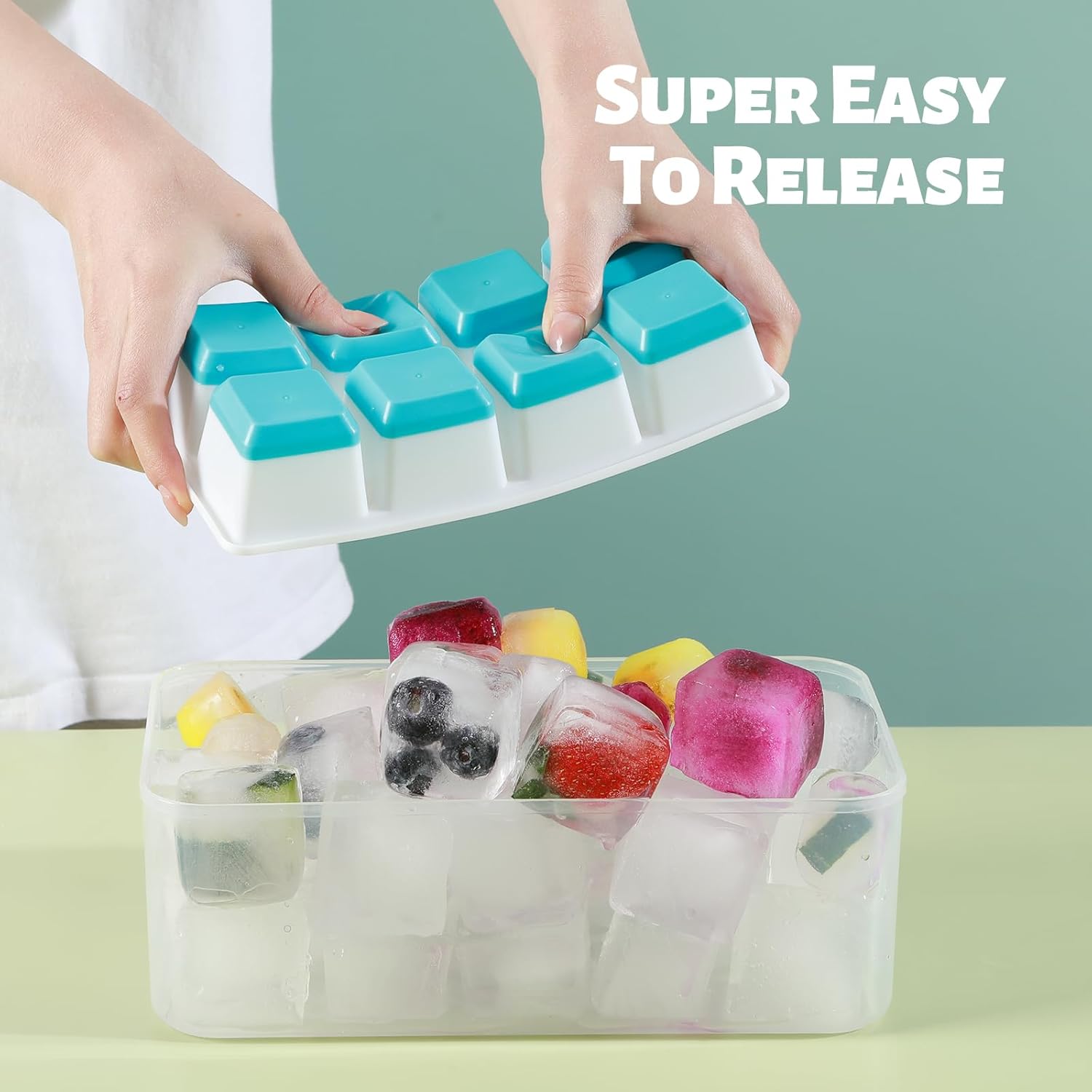 Large Ice Cube Trays with Lid,  2 Pack Stackable Silicone Ice Cube Molds for Freezer, Easy Release 16 Big Square Ice Trays for Whisky Cocktails