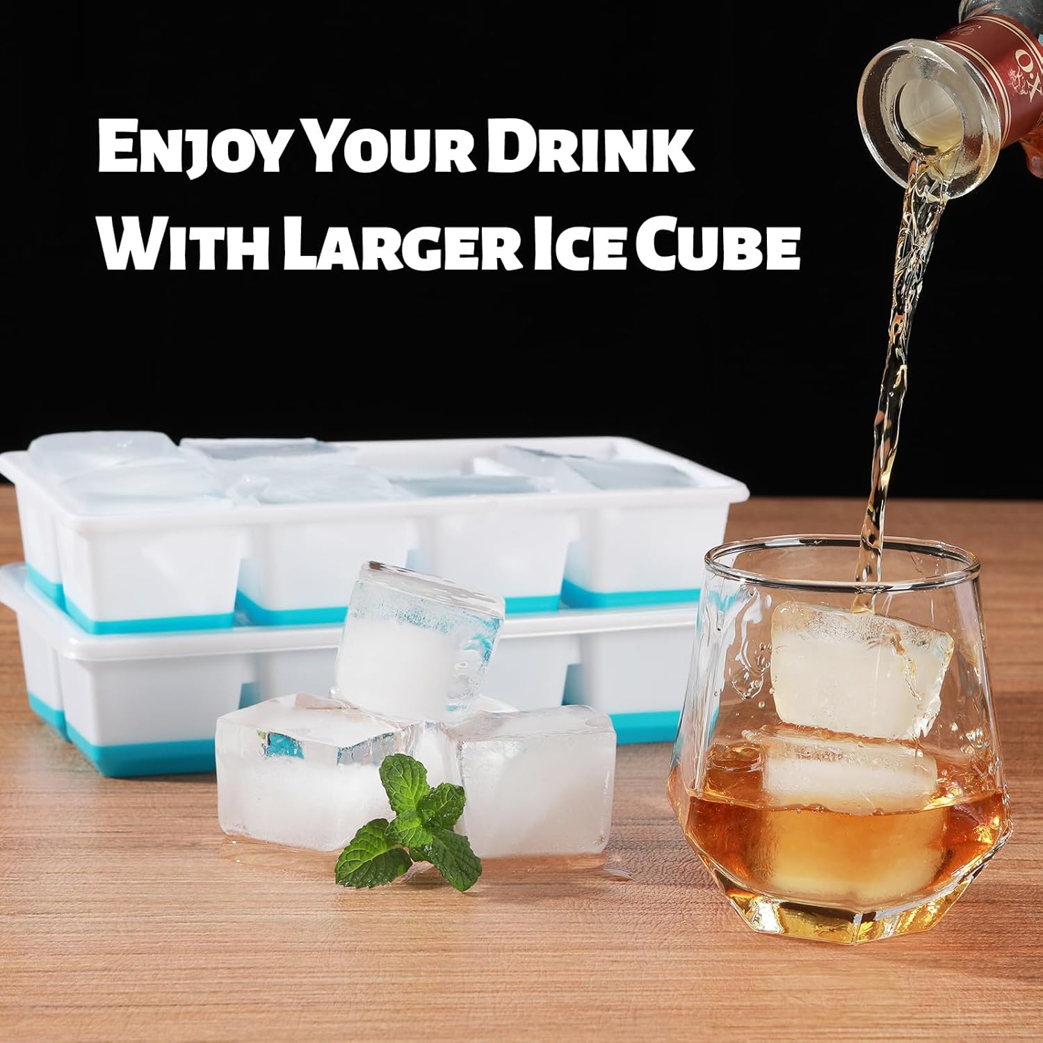 Large Ice Cube Trays with Lid,  2 Pack Stackable Silicone Ice Cube Molds for Freezer, Easy Release 16 Big Square Ice Trays for Whisky Cocktails