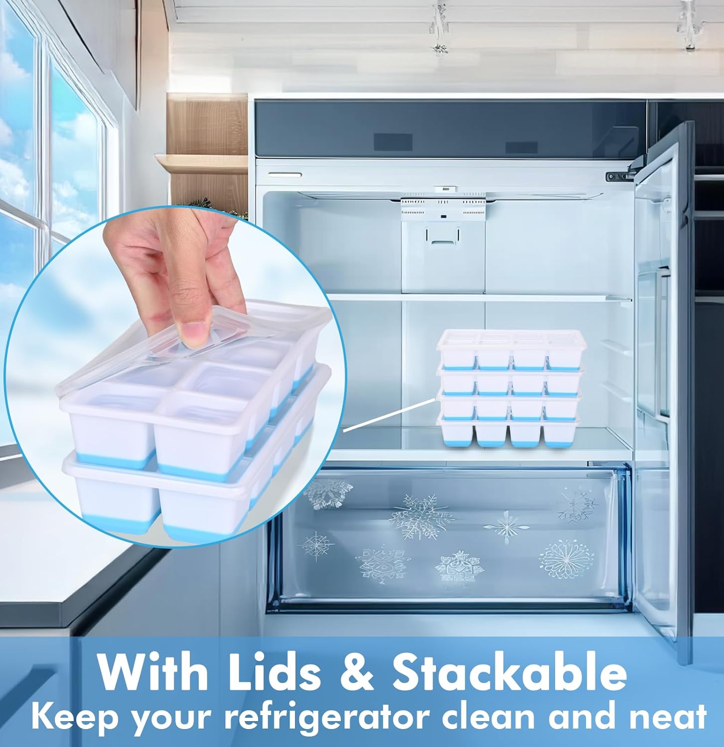 Large Ice Cube Trays with Lid,  2 Pack Stackable Silicone Ice Cube Molds for Freezer, Easy Release 16 Big Square Ice Trays for Whisky Cocktails
