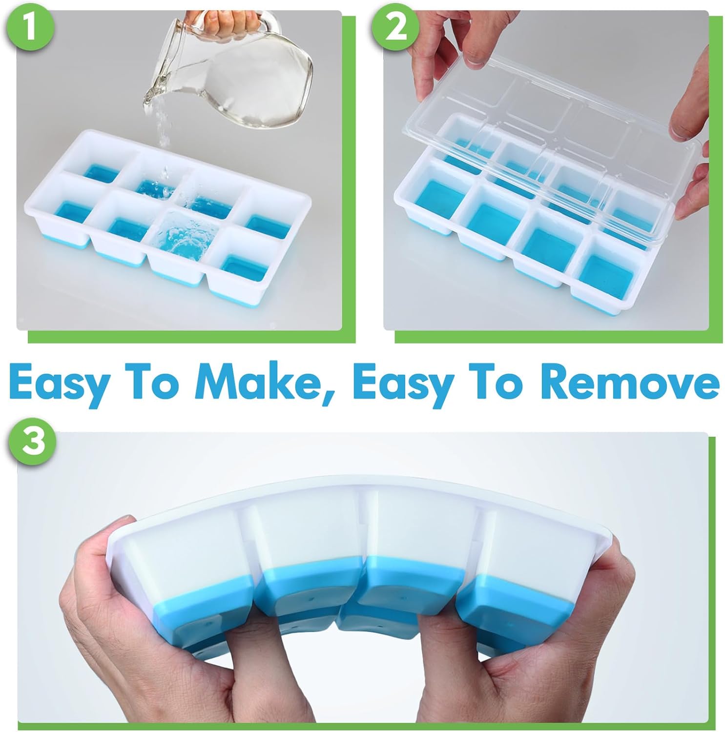 Large Ice Cube Trays with Lid,  2 Pack Stackable Silicone Ice Cube Molds for Freezer, Easy Release 16 Big Square Ice Trays for Whisky Cocktails