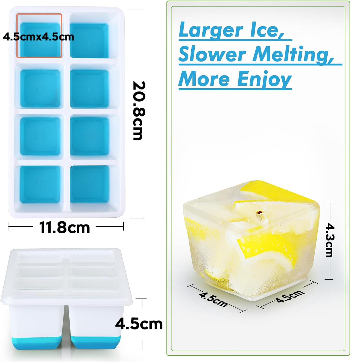 Large Ice Cube Trays with Lid,  2 Pack Stackable Silicone Ice Cube Molds for Freezer, Easy Release 16 Big Square Ice Trays for Whisky Cocktails