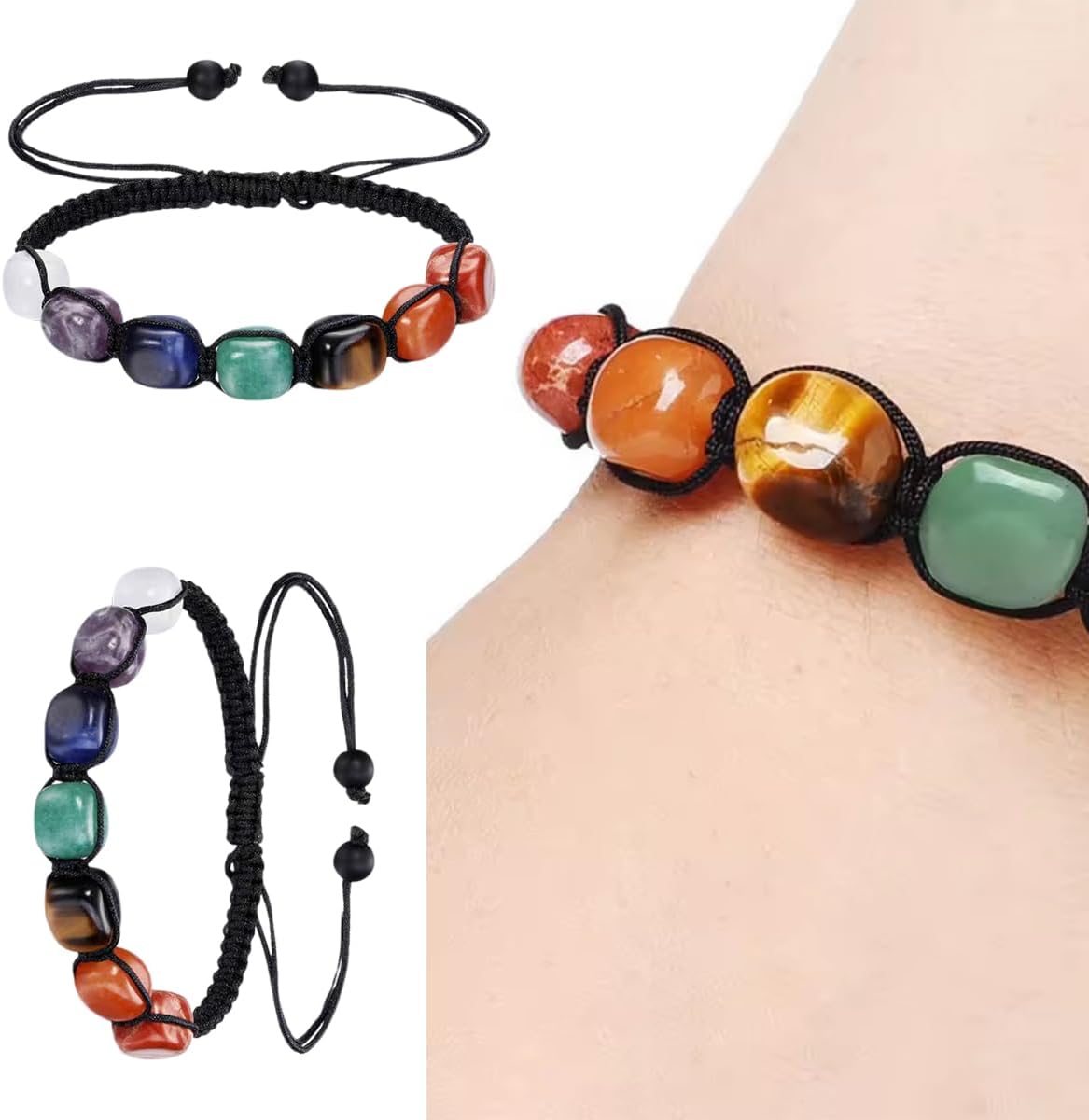 7 Chakra Bracelet, Beaded Braided Bracelet, Natural Gemstone 7 Chakra Healing Crystal Bracelet Anxiety Braided Bracelet Yoga Reiki Chakras Stone Beads Healing Crystal Women Adjustable Jewellery, One