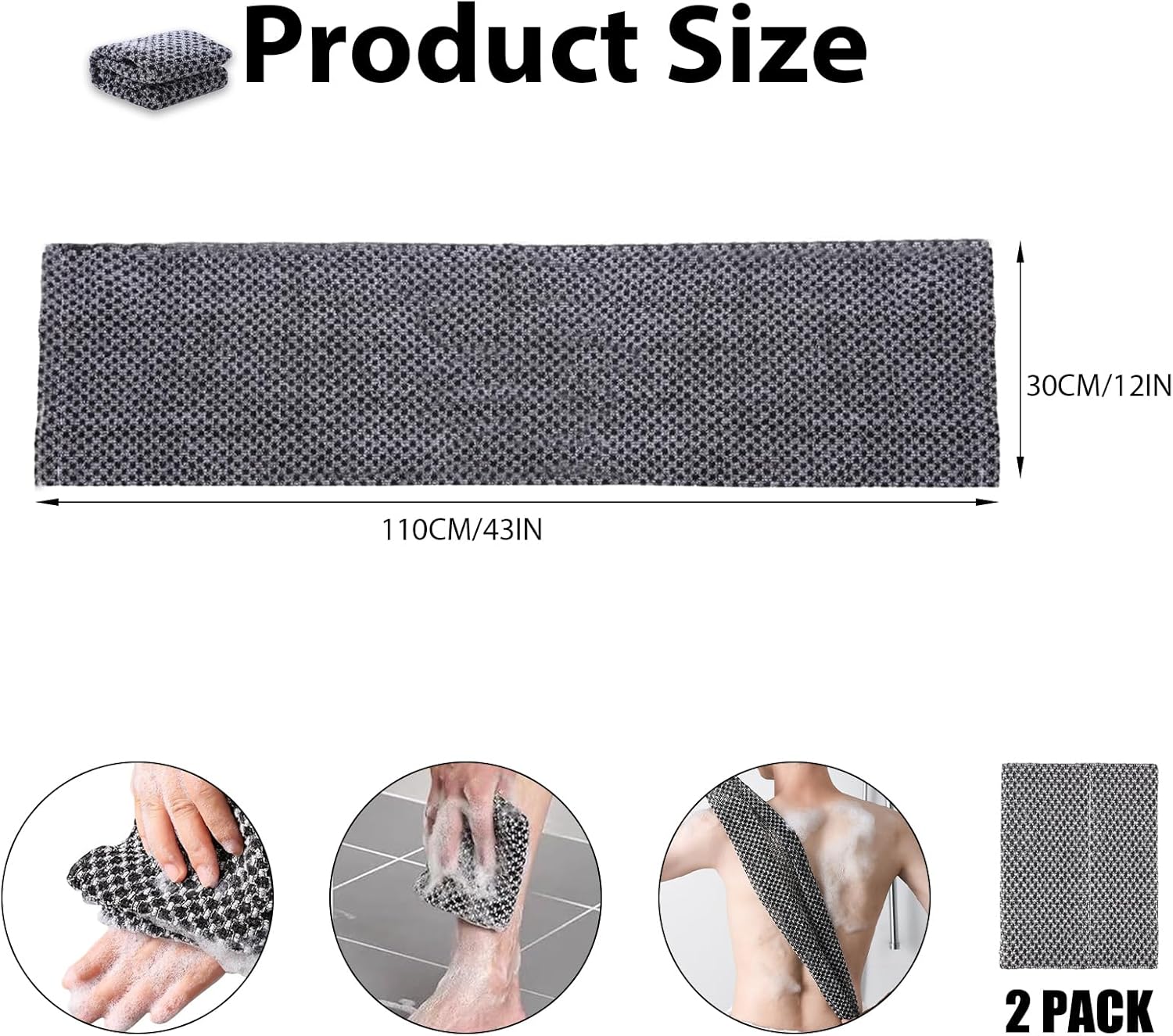 Extra Long Exfoliating Cloth, Deep Cleaning Exfoliating Towel, Reusable Exfoliating Body Scrubber (2 Pcs Black)