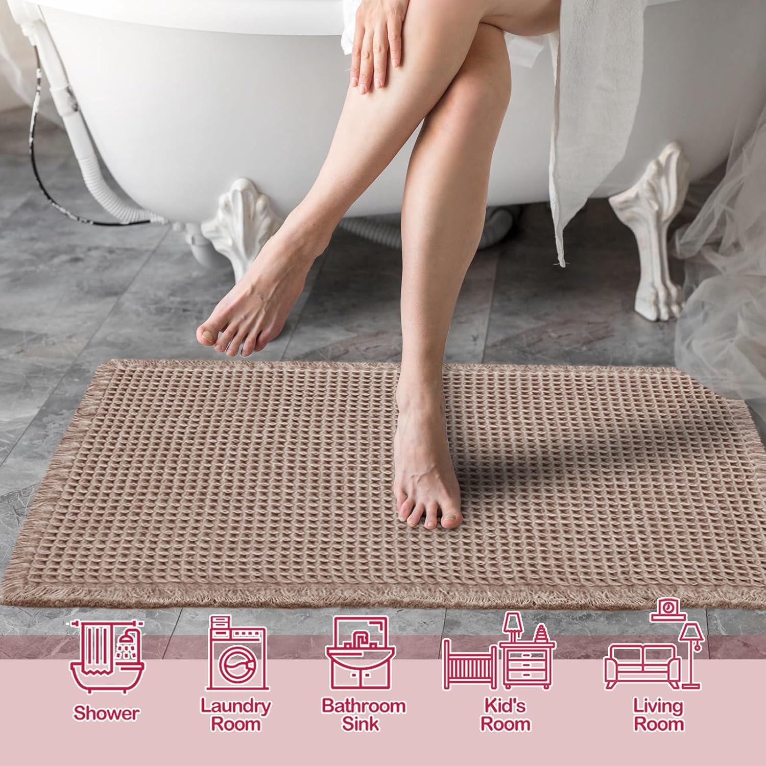 Tan Waffle Bath Mat,Super Absorbent Non Slip Bathroom Rug,Brown 18x30inch,Machine Washable Ultra Soft Floor Mats