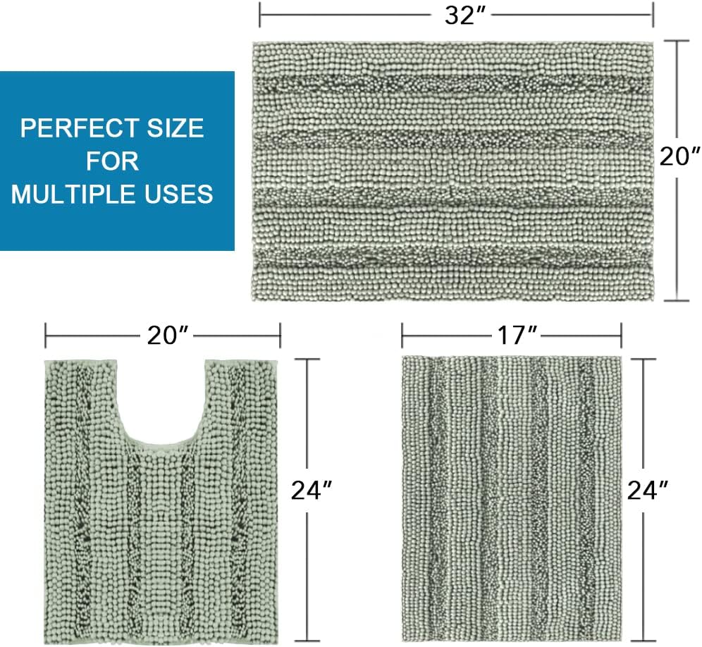 3 Piece Bathroom Rugs Sets Thick Striped Bath Set for Non Slip Soft Absorbent Mat Tub, Shower and Toilet(17''x24''+20''x32''+20''x24'' U-Shaped, Sage) Sage 17" x 24" + 20" 32" U Shape